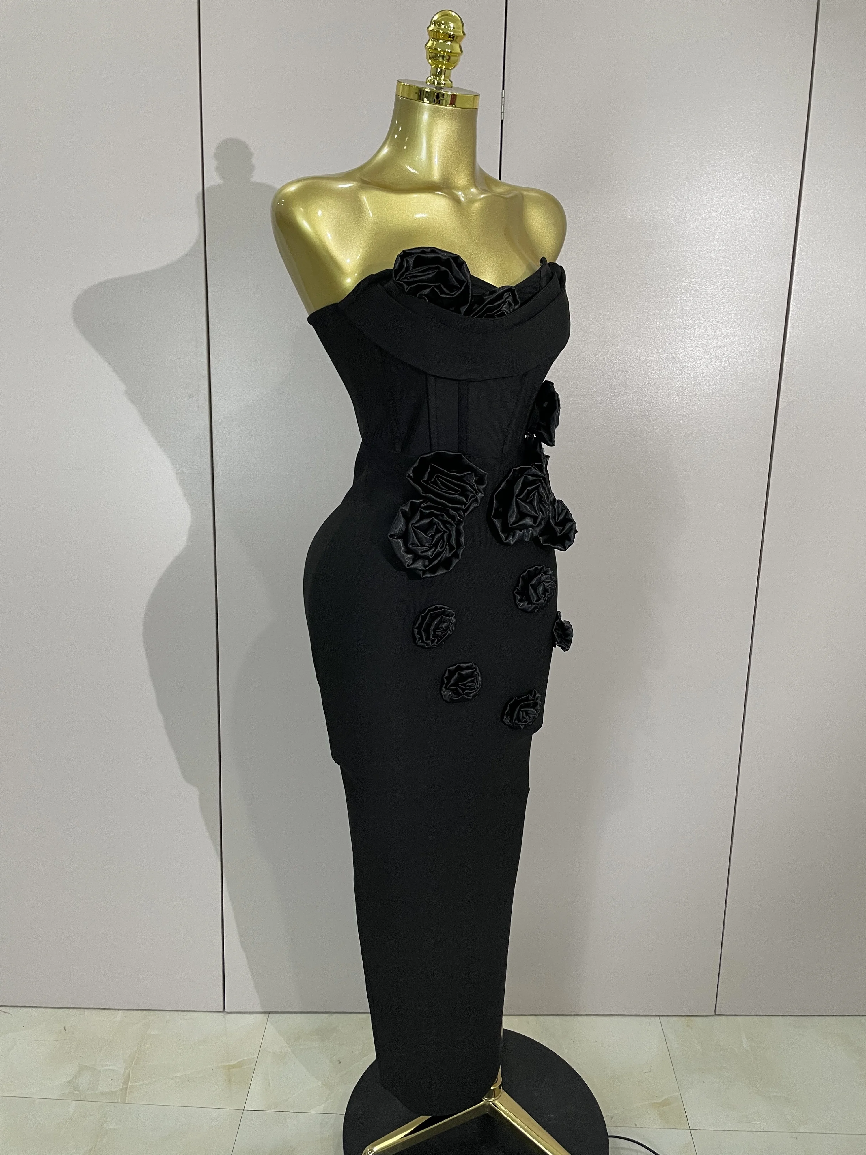 Newest Sexy Strapless Backless Red Flower Long Bandage Dress Women Celebirty Elegant Prom Evening Club Party Birthday Dresses