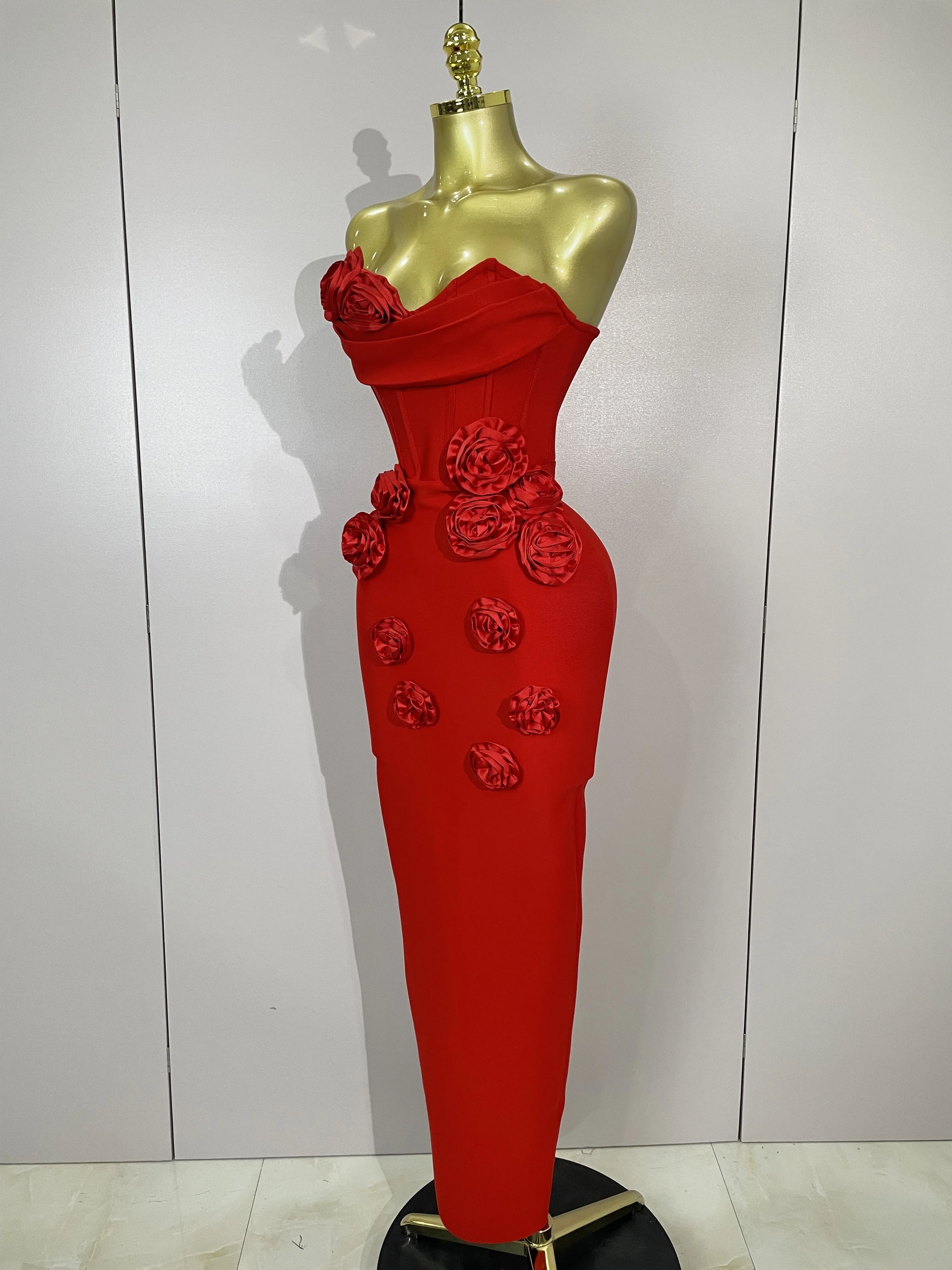 Newest Sexy Strapless Backless Red Flower Long Bandage Dress Women Celebirty Elegant Prom Evening Club Party Birthday Dresses