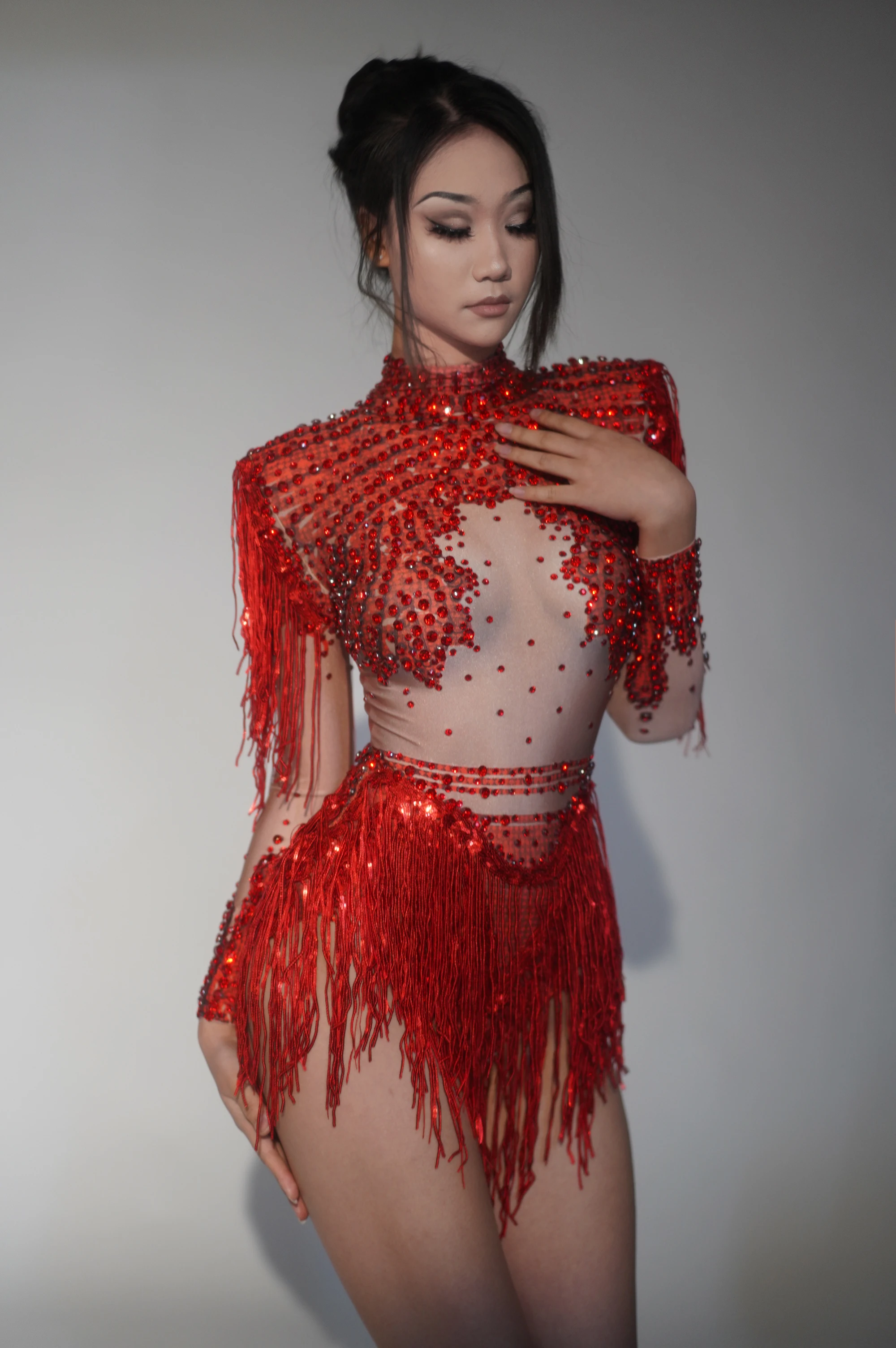 Sparkly Rhinestone Sequin Tassel Stretch Bodysuits 2025 New Arrival Women Birthday Party Nightclub Dj Stage Performance Costume