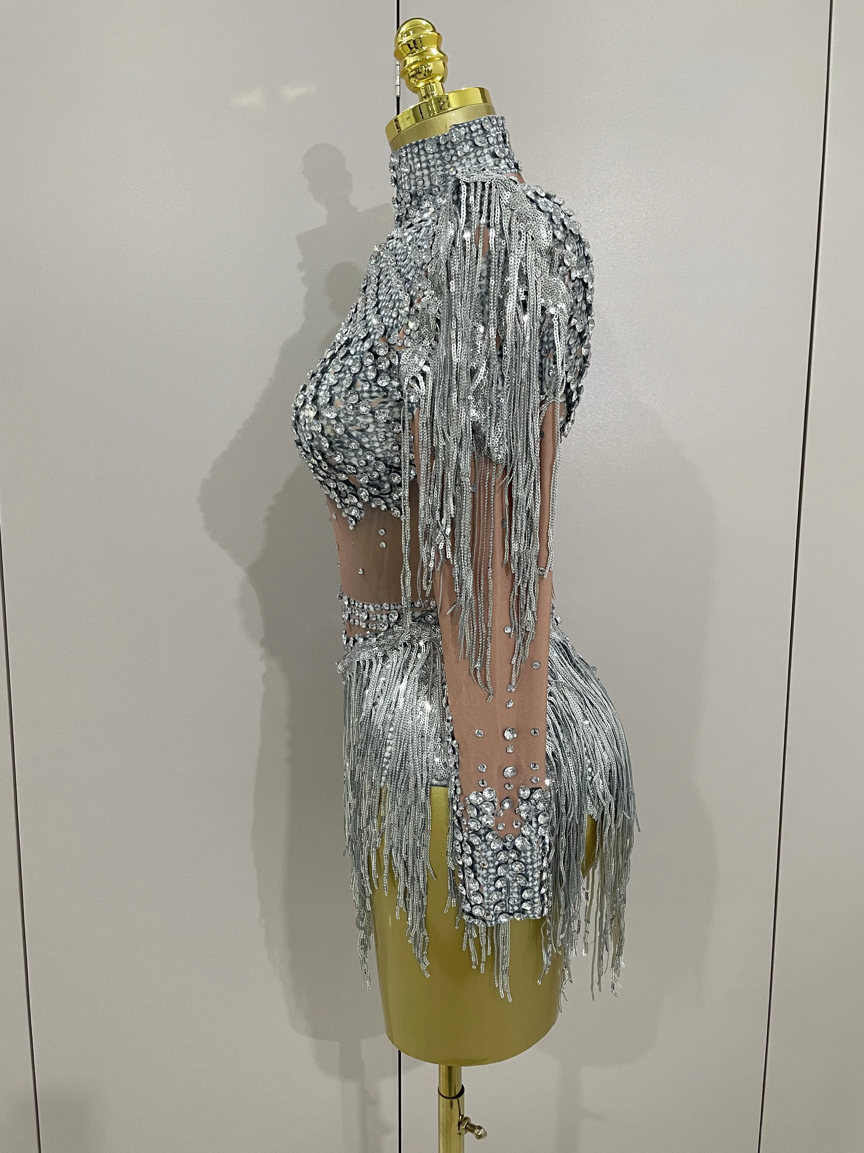 Sparkly Rhinestone Sequin Tassel Stretch Bodysuits 2025 New Arrival Women Birthday Party Nightclub Dj Stage Performance Costume