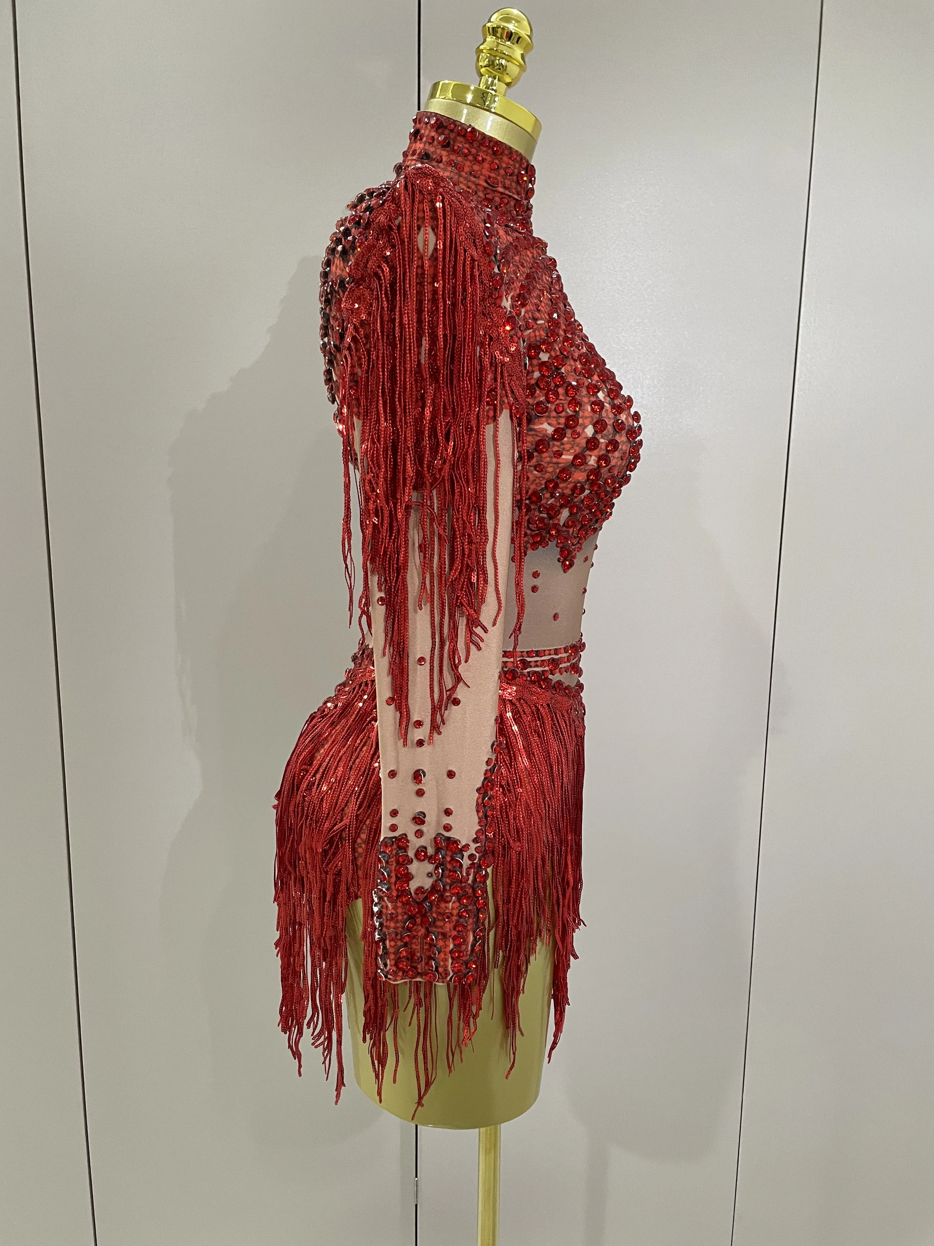 Sparkly Rhinestone Sequin Tassel Stretch Bodysuits 2025 New Arrival Women Birthday Party Nightclub Dj Stage Performance Costume