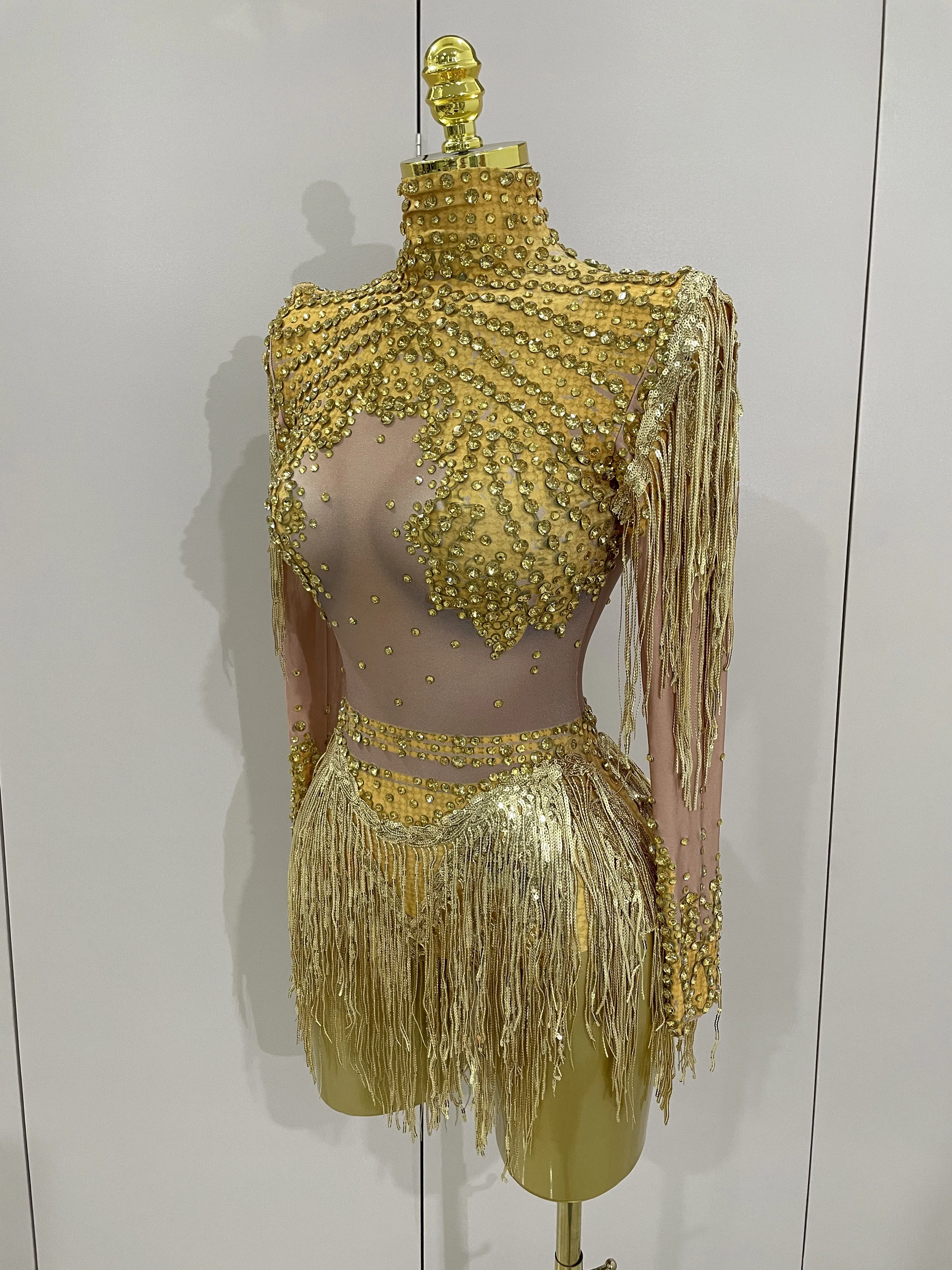 Sparkly Rhinestone Sequin Tassel Stretch Bodysuits 2025 New Arrival Women Birthday Party Nightclub Dj Stage Performance Costume