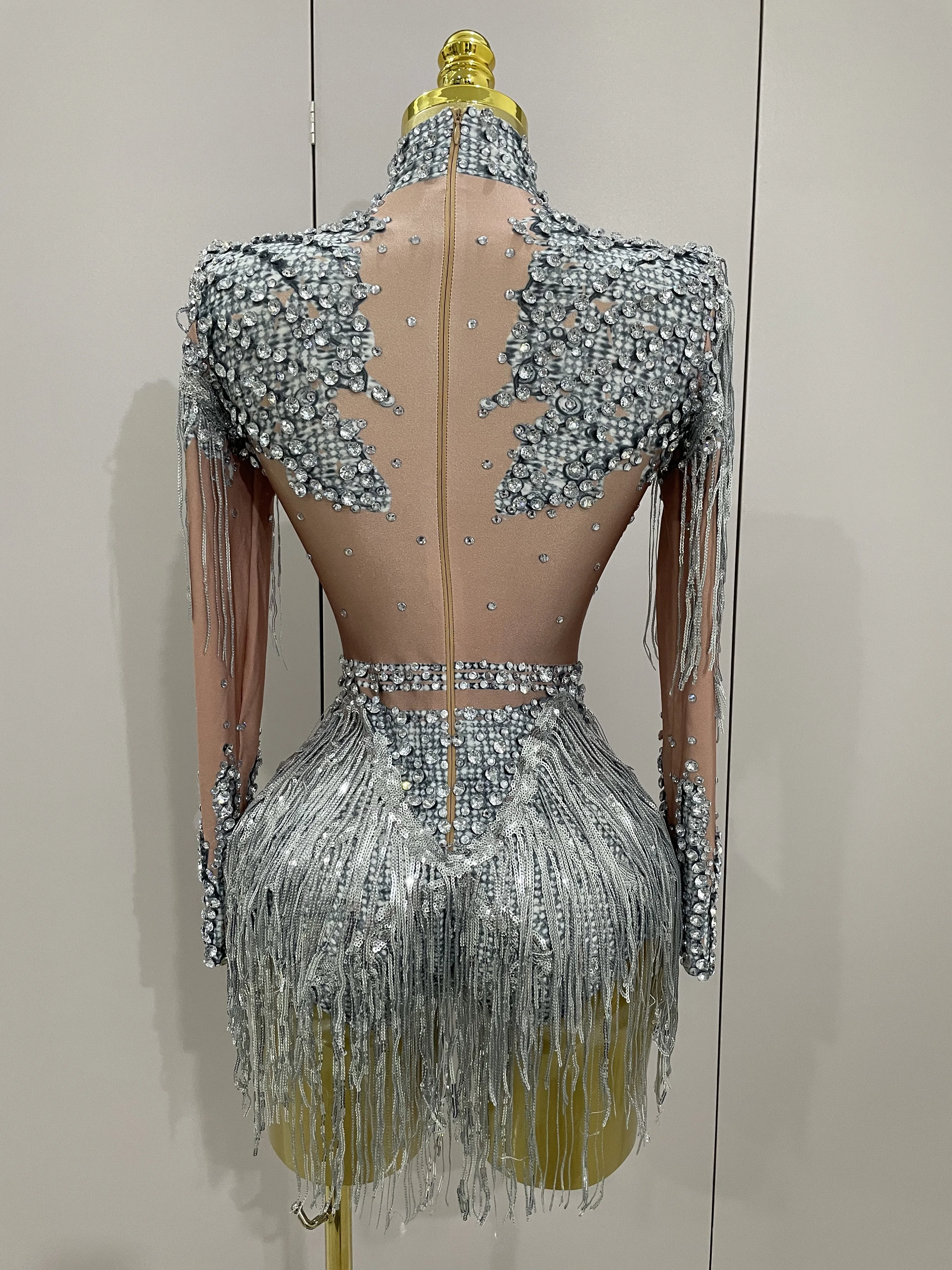 Sparkly Rhinestone Sequin Tassel Stretch Bodysuits 2025 New Arrival Women Birthday Party Nightclub Dj Stage Performance Costume