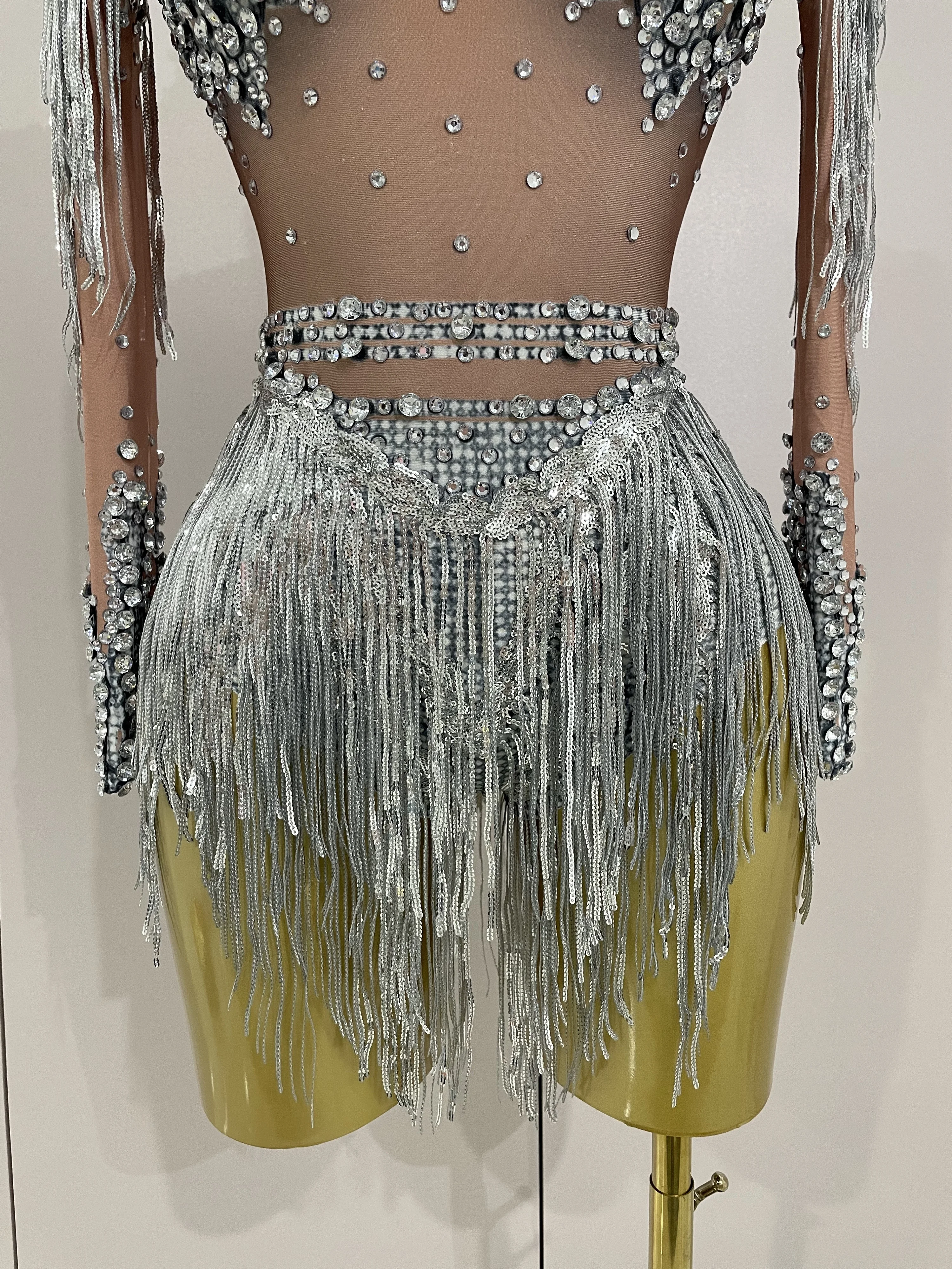 Sparkly Rhinestone Sequin Tassel Stretch Bodysuits 2025 New Arrival Women Birthday Party Nightclub Dj Stage Performance Costume