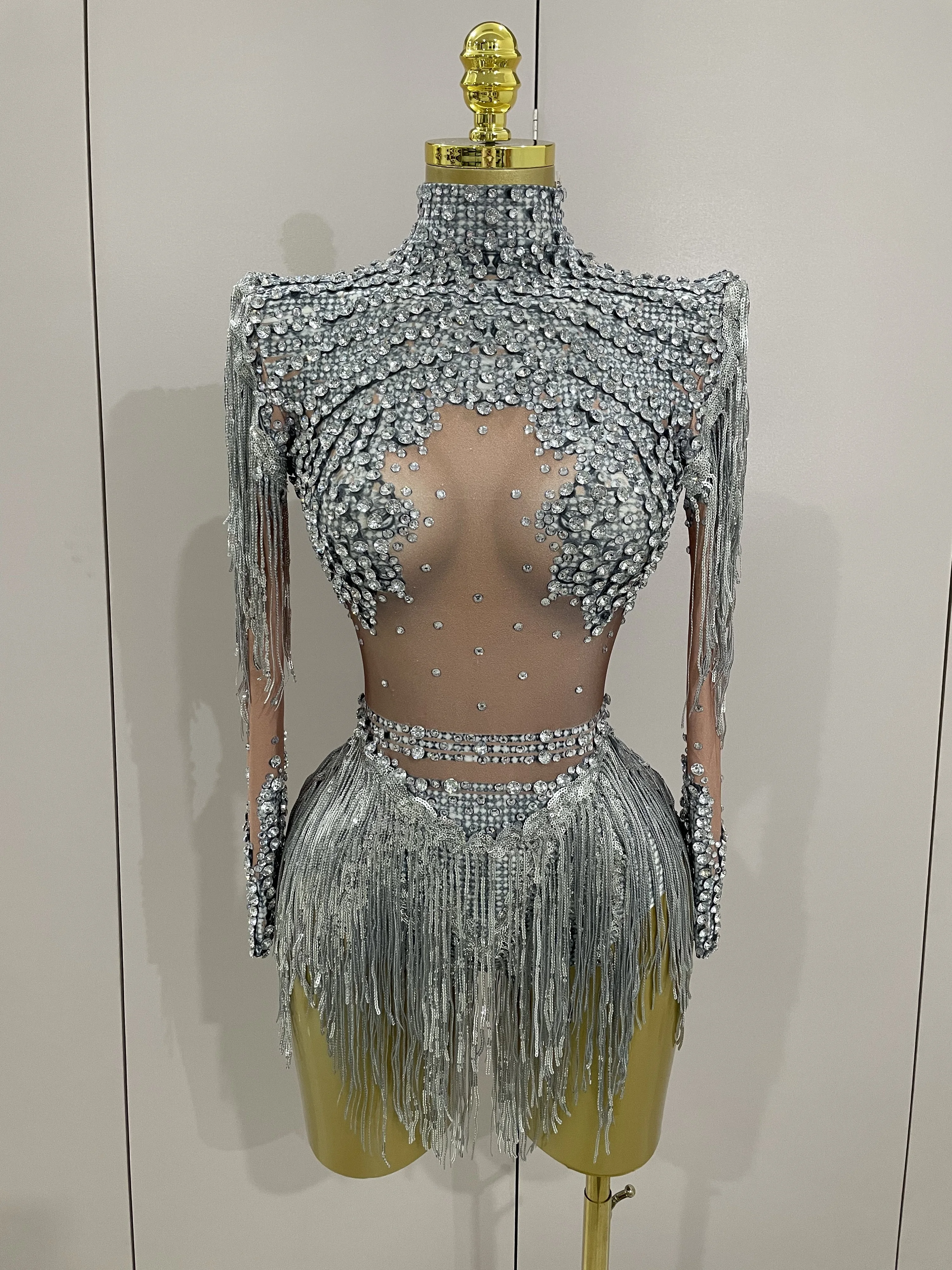 Sparkly Rhinestone Sequin Tassel Stretch Bodysuits 2025 New Arrival Women Birthday Party Nightclub Dj Stage Performance Costume