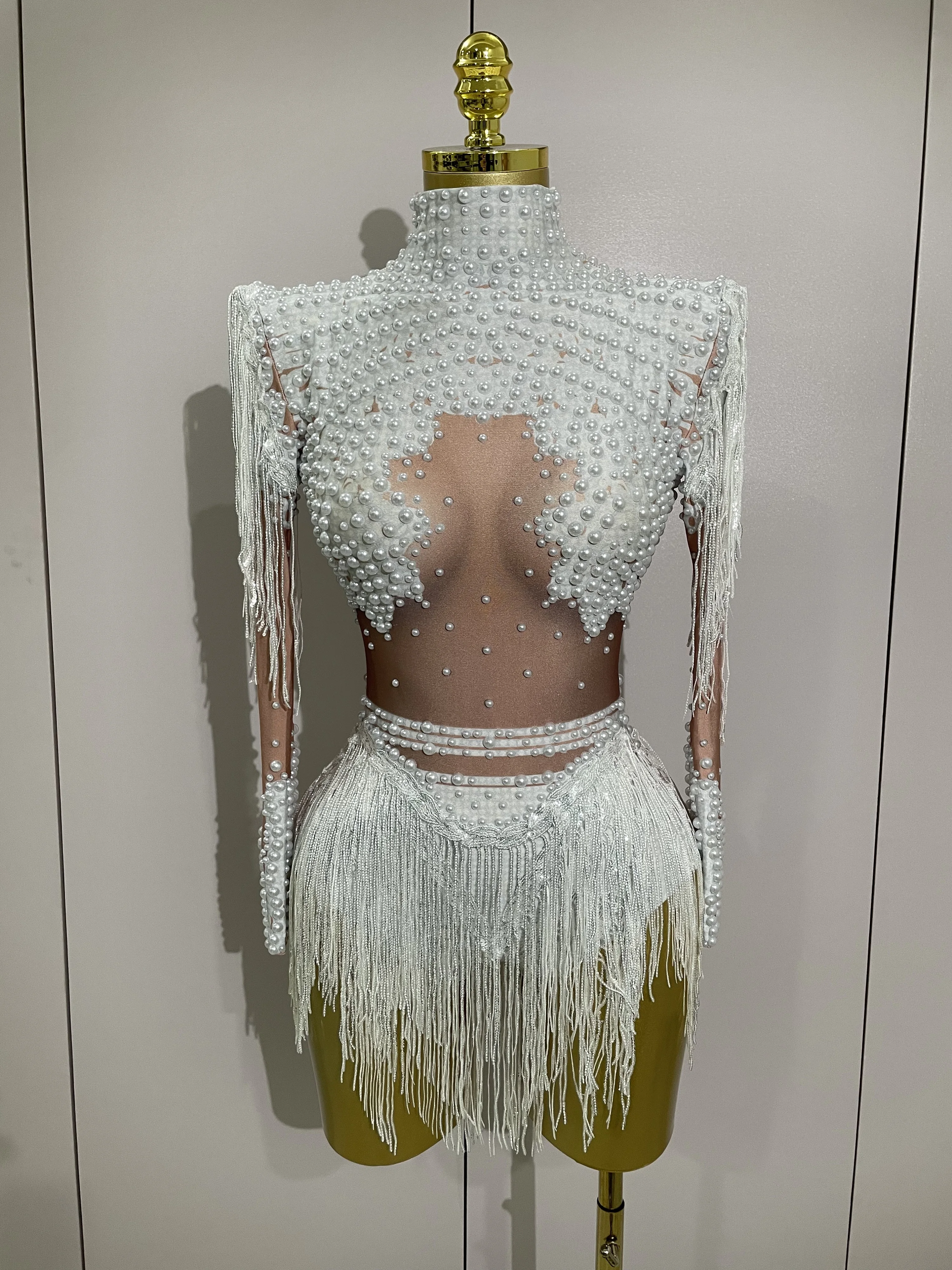 Sparkly Rhinestone Sequin Tassel Stretch Bodysuits 2025 New Arrival Women Birthday Party Nightclub Dj Stage Performance Costume