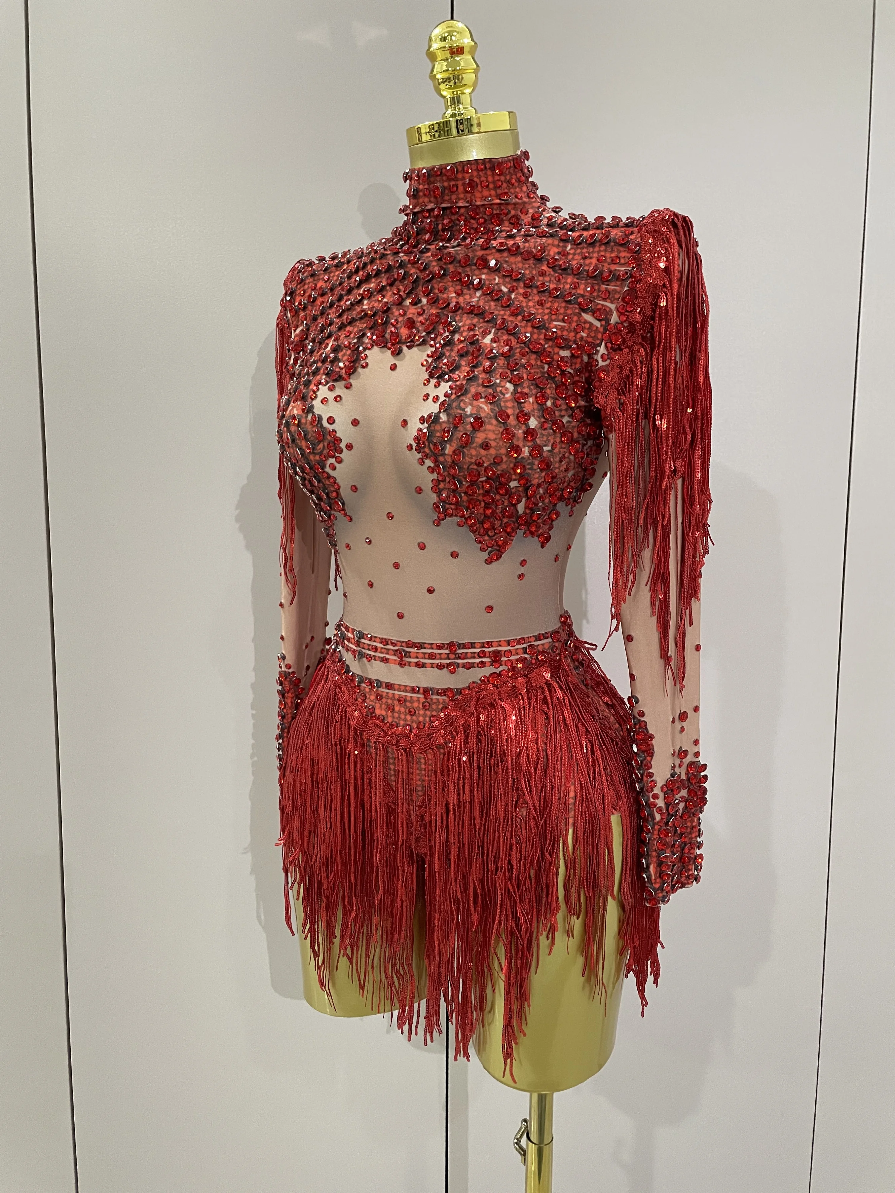 Sparkly Rhinestone Sequin Tassel Stretch Bodysuits 2025 New Arrival Women Birthday Party Nightclub Dj Stage Performance Costume