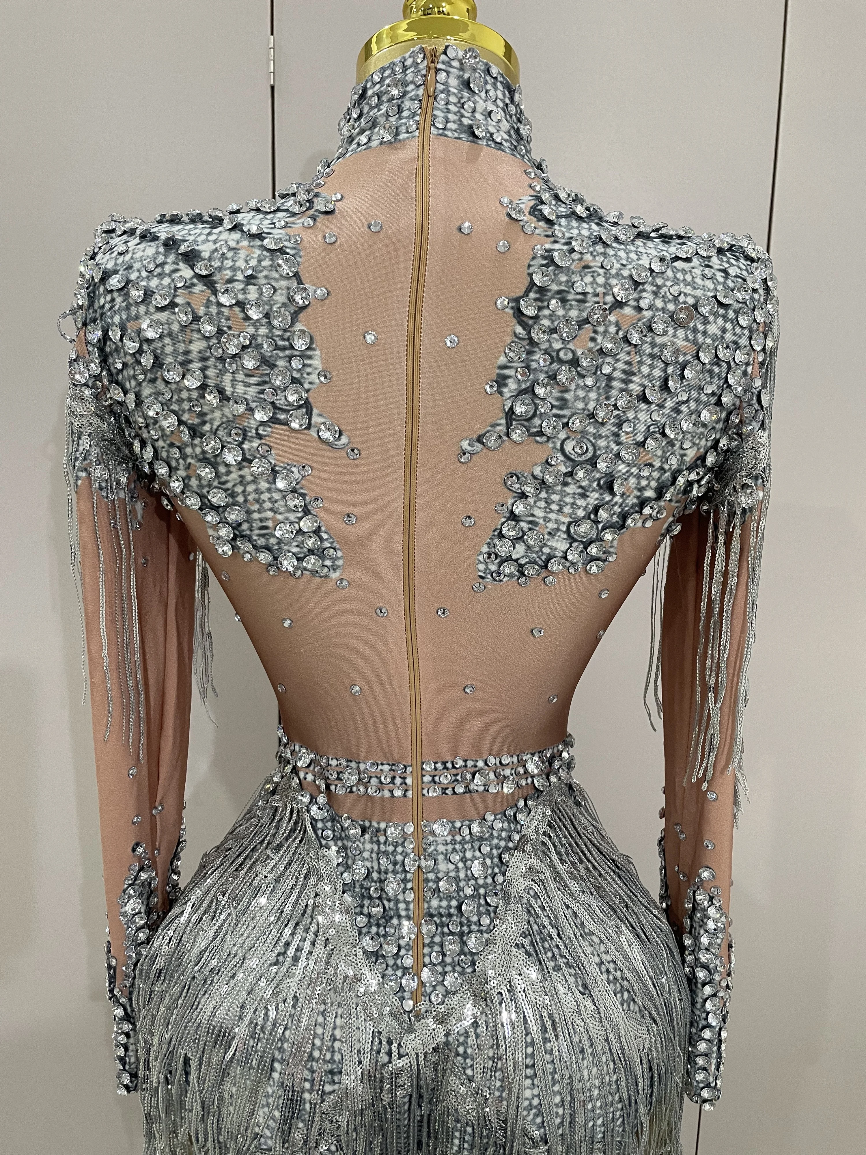 Sparkly Rhinestone Sequin Tassel Stretch Bodysuits 2025 New Arrival Women Birthday Party Nightclub Dj Stage Performance Costume