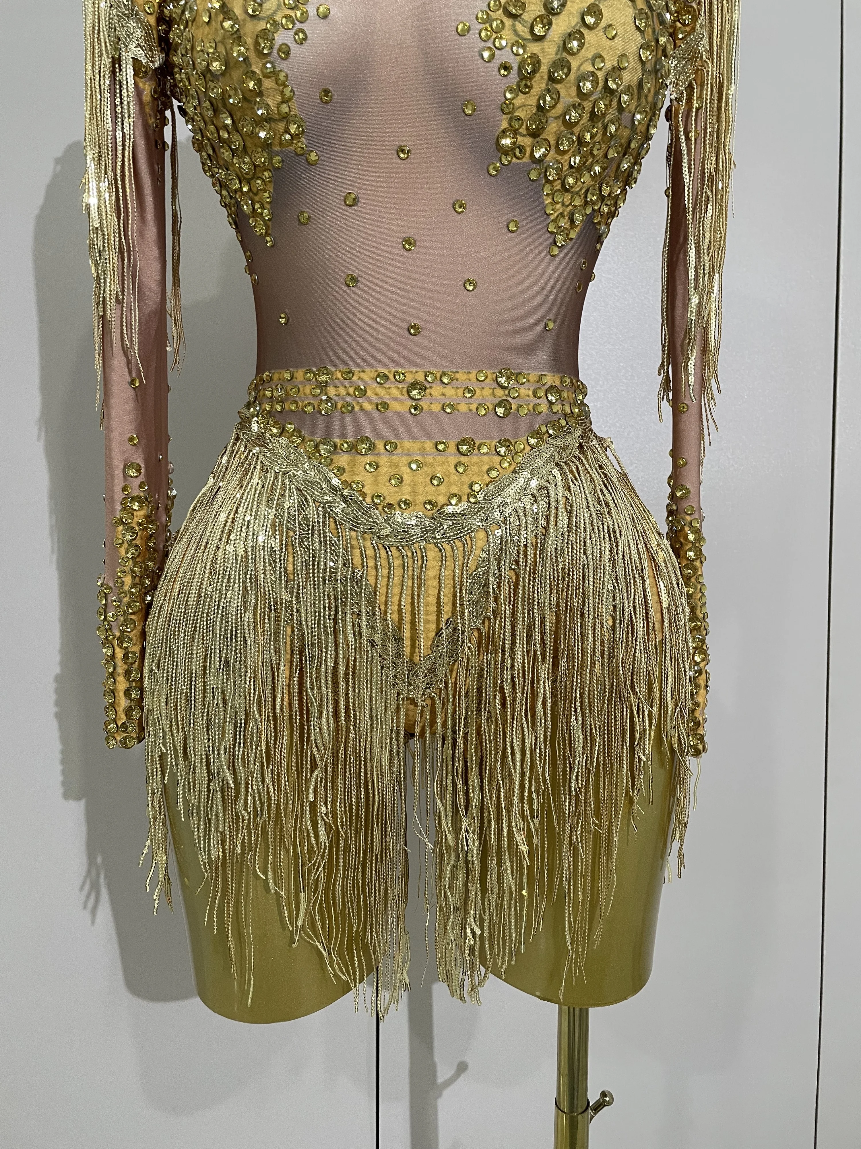 Sparkly Rhinestone Sequin Tassel Stretch Bodysuits 2025 New Arrival Women Birthday Party Nightclub Dj Stage Performance Costume