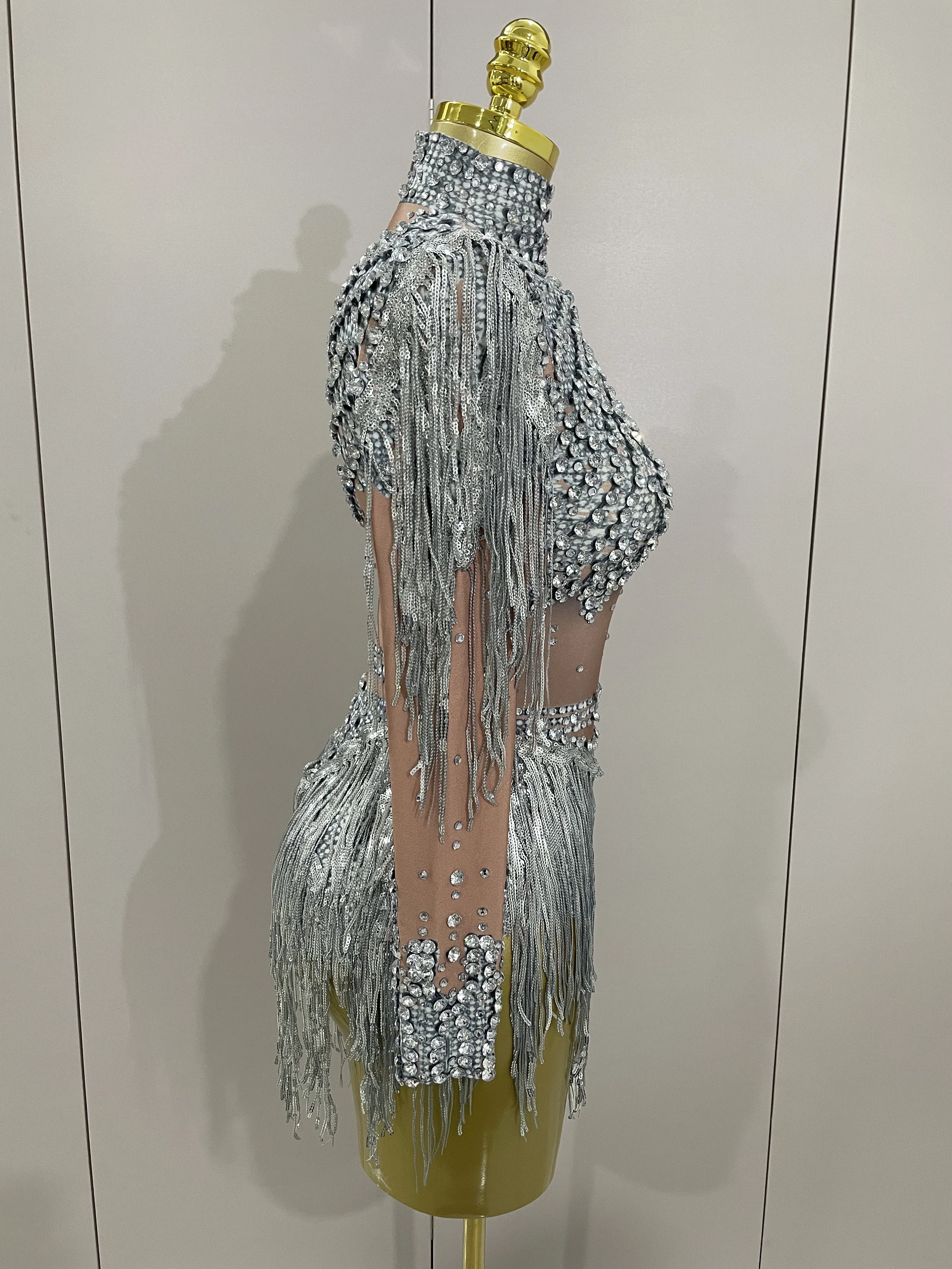 Sparkly Rhinestone Sequin Tassel Stretch Bodysuits 2025 New Arrival Women Birthday Party Nightclub Dj Stage Performance Costume