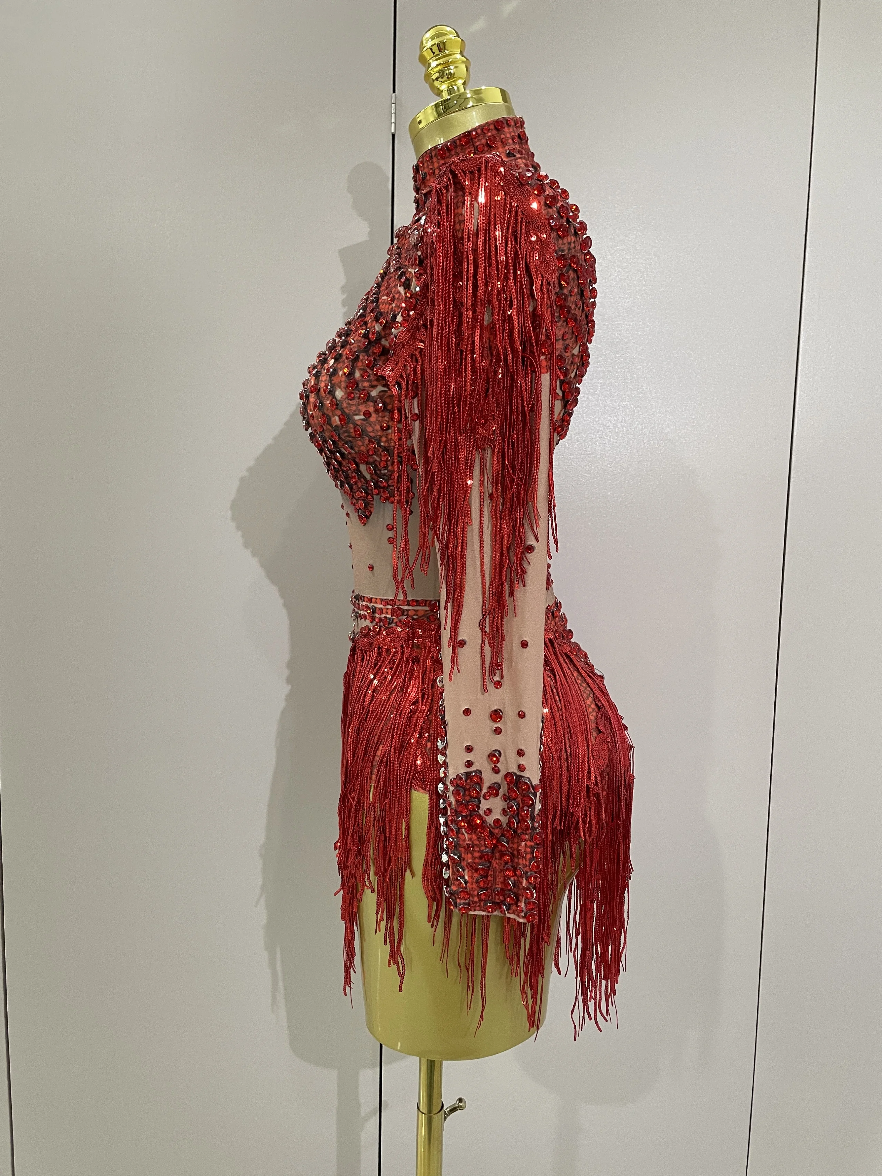 Sparkly Rhinestone Sequin Tassel Stretch Bodysuits 2025 New Arrival Women Birthday Party Nightclub Dj Stage Performance Costume