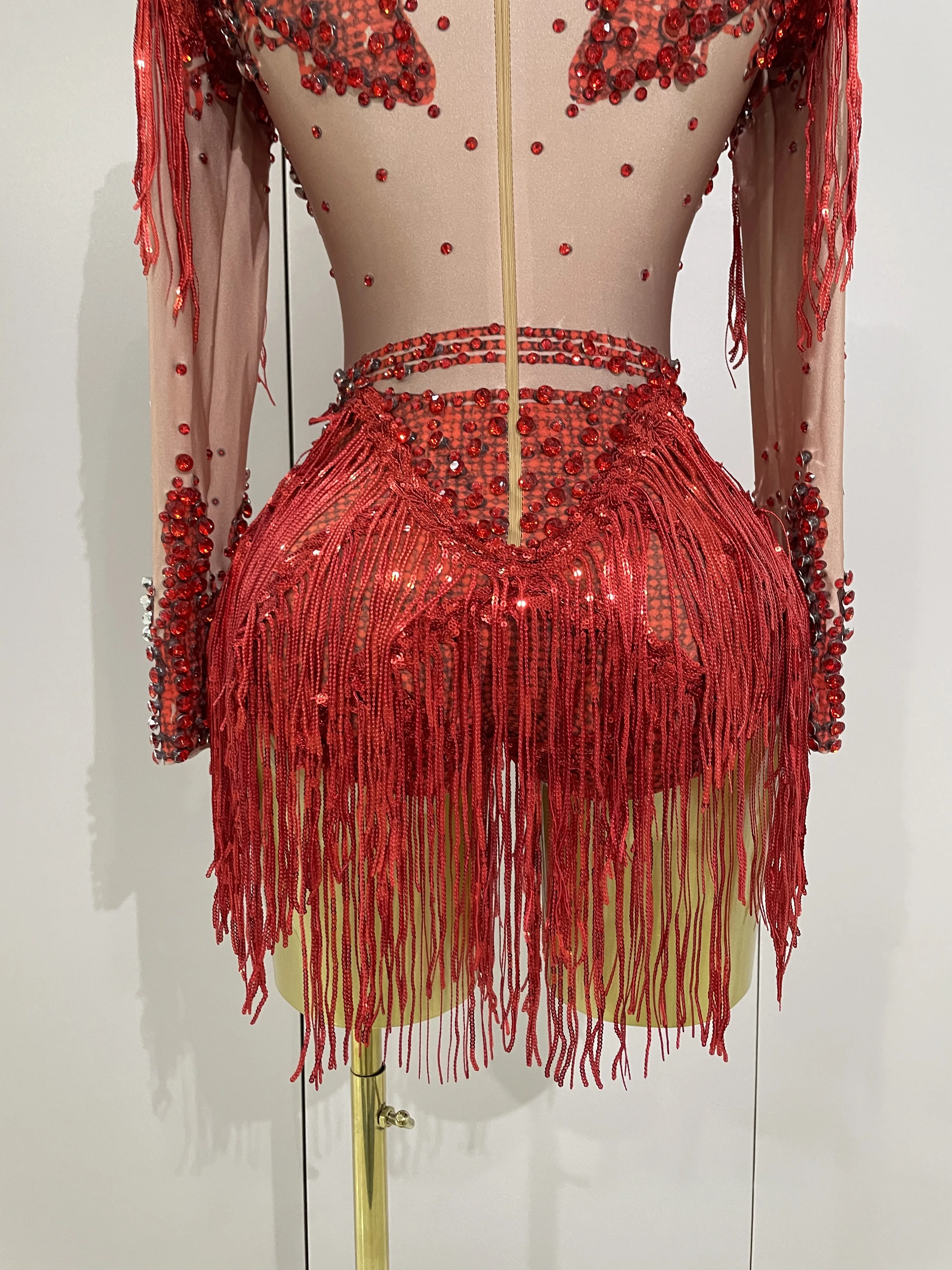 Sparkly Rhinestone Sequin Tassel Stretch Bodysuits 2025 New Arrival Women Birthday Party Nightclub Dj Stage Performance Costume