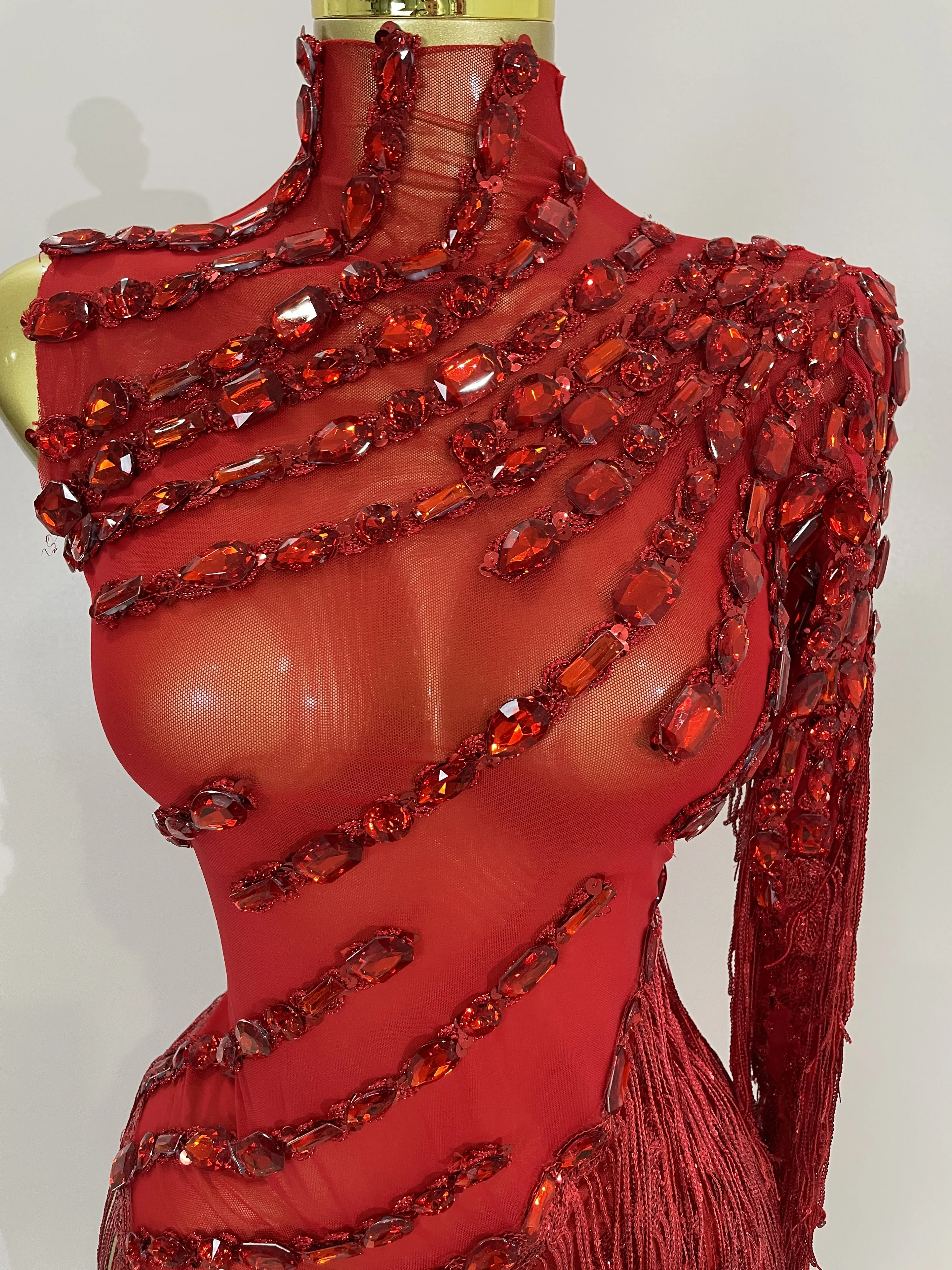 New Stage Costume Sparkly Rhinestones Tassel Sexy See-Through Dress Women One Shoulder Latin Dance Bars Nightclub Party Outfits