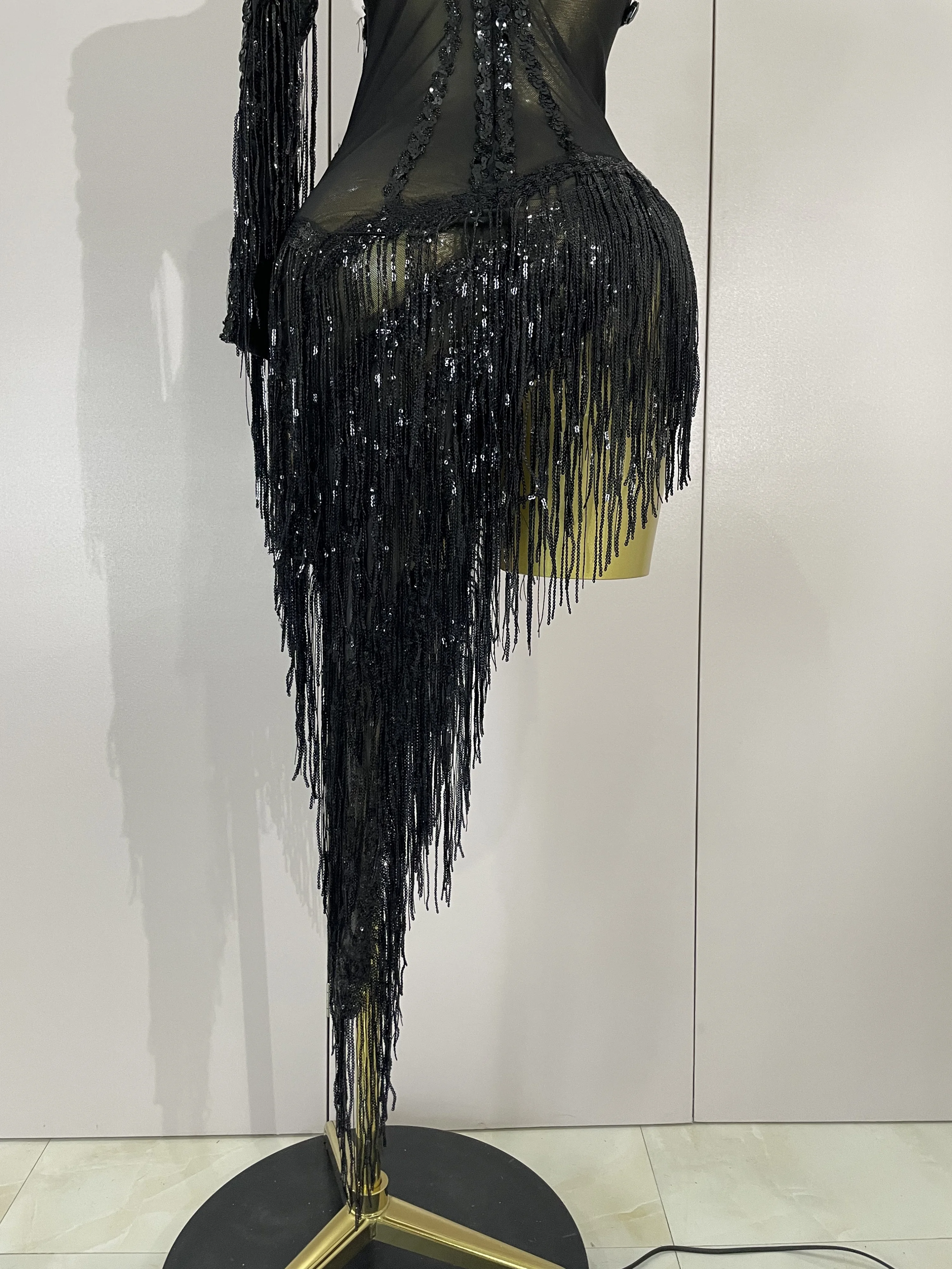 New Stage Costume Sparkly Rhinestones Tassel Sexy See-Through Dress Women One Shoulder Latin Dance Bars Nightclub Party Outfits