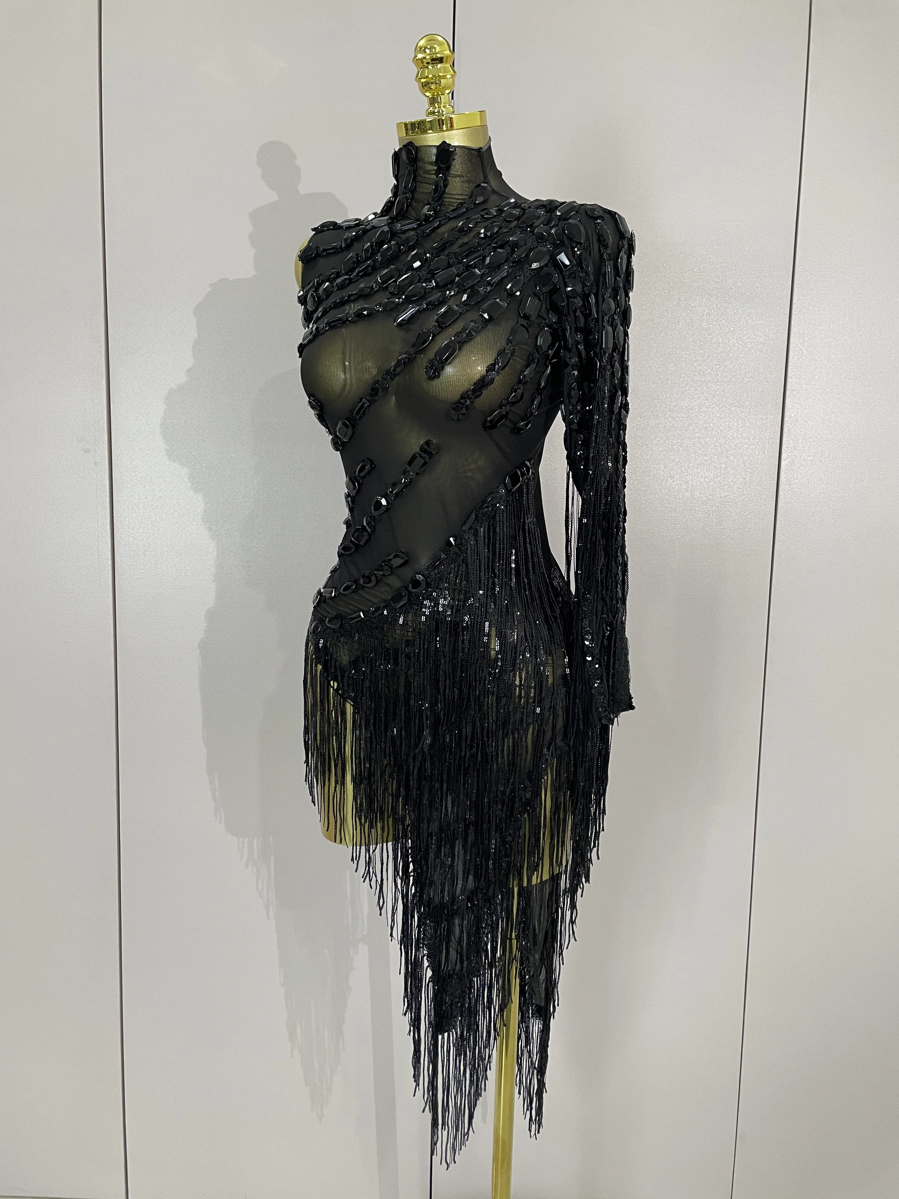 New Stage Costume Sparkly Rhinestones Tassel Sexy See-Through Dress Women One Shoulder Latin Dance Bars Nightclub Party Outfits