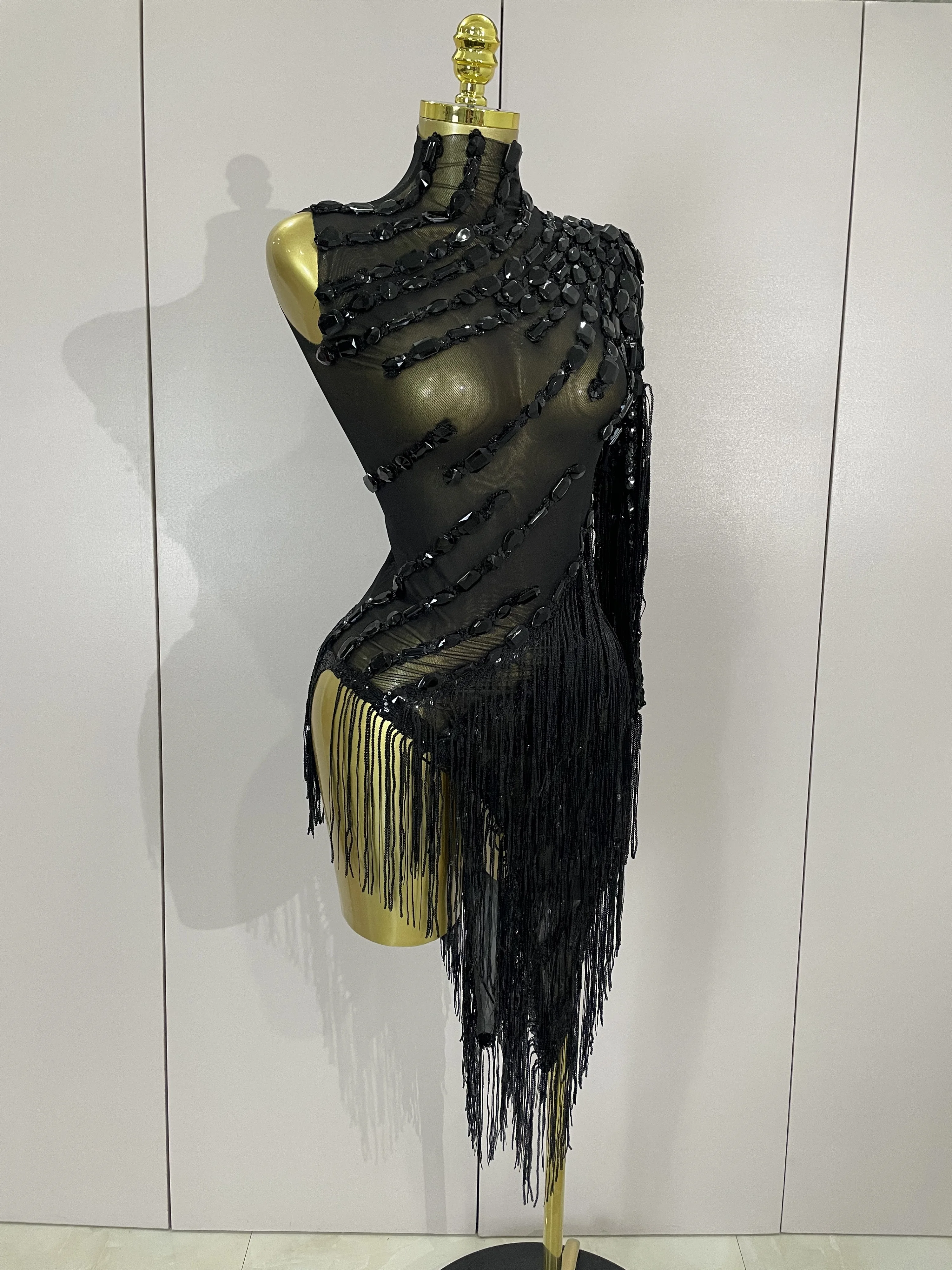 New Stage Costume Sparkly Rhinestones Tassel Sexy See-Through Dress Women One Shoulder Latin Dance Bars Nightclub Party Outfits