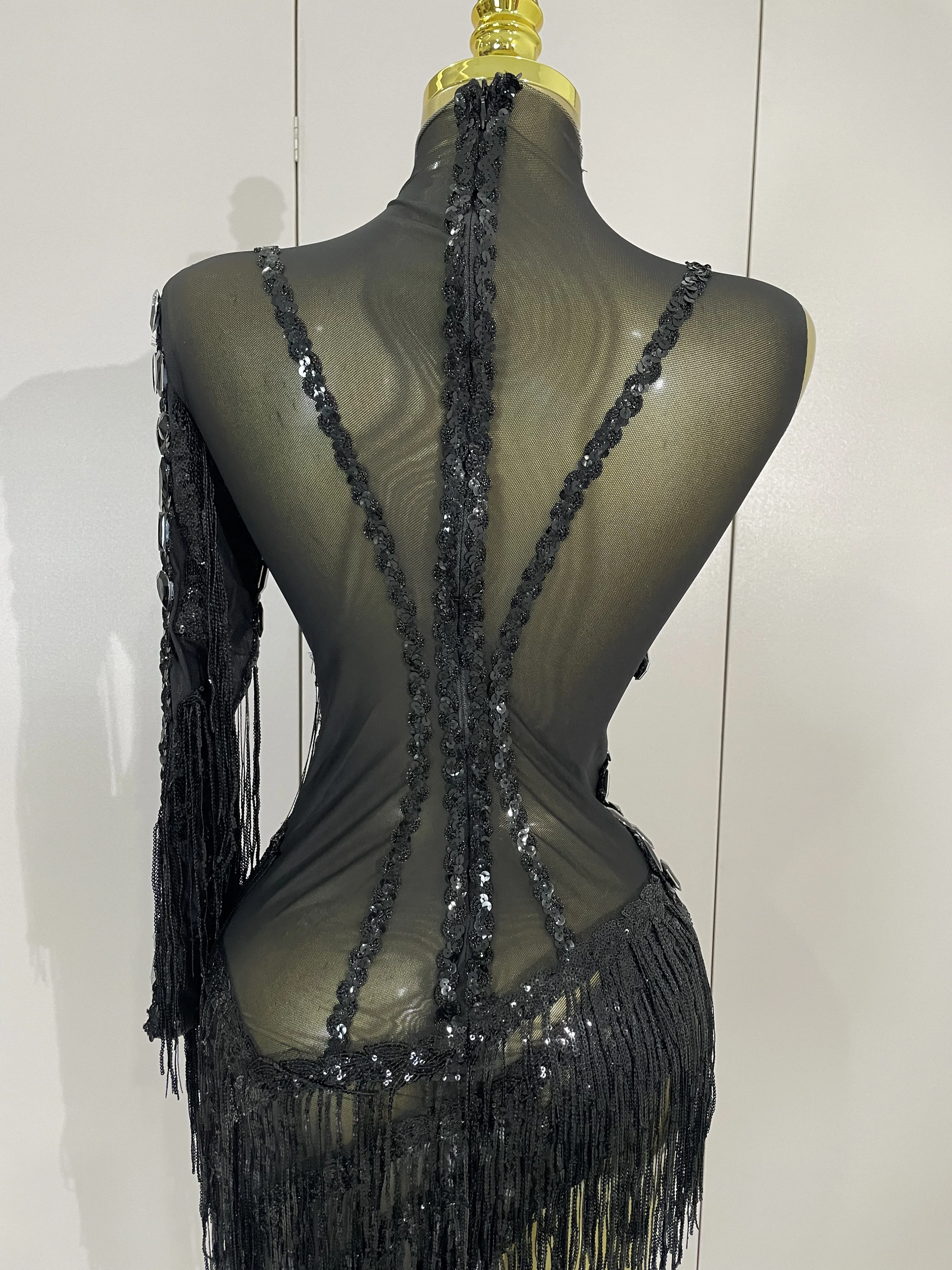 New Stage Costume Sparkly Rhinestones Tassel Sexy See-Through Dress Women One Shoulder Latin Dance Bars Nightclub Party Outfits