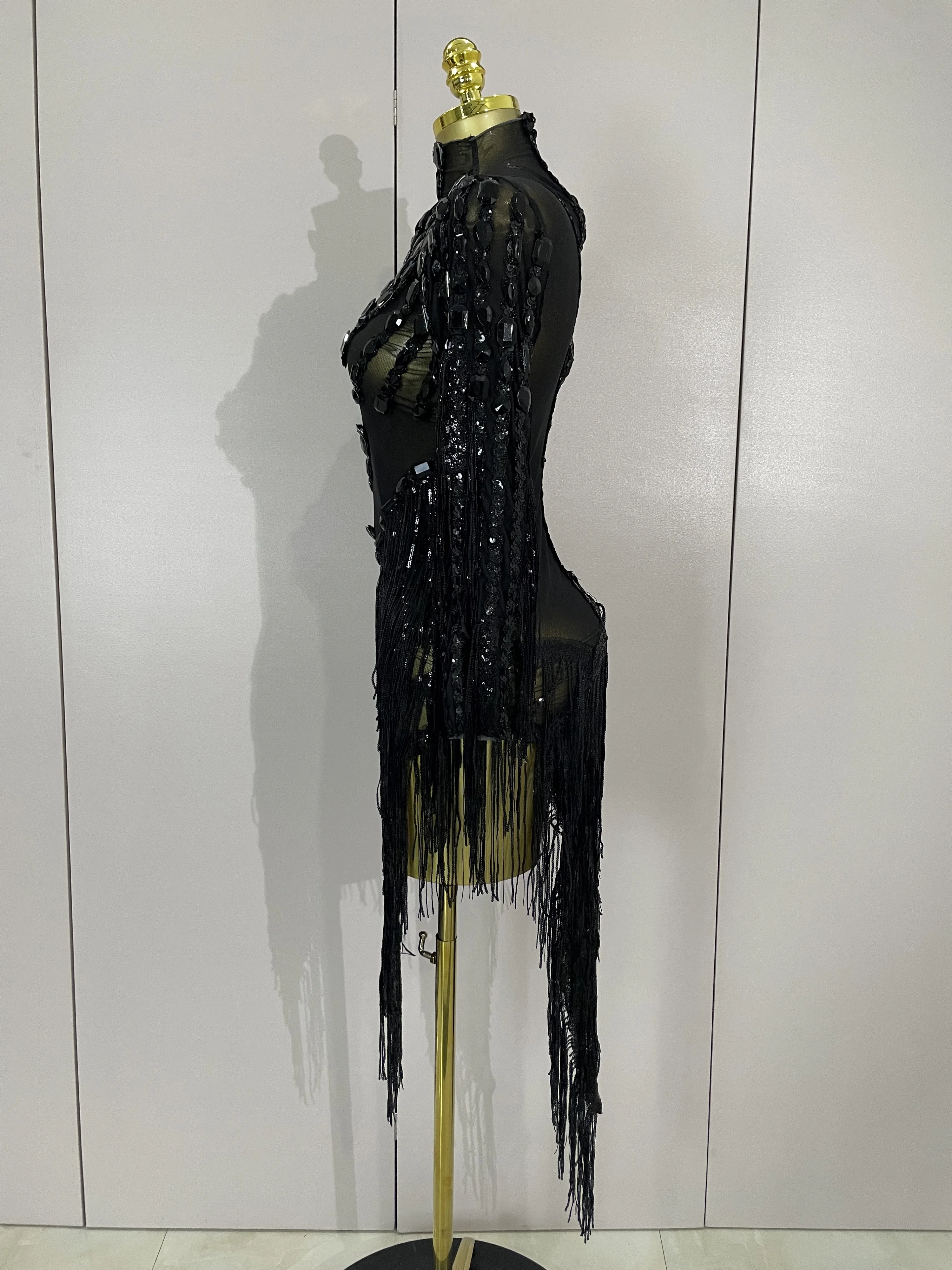 New Stage Costume Sparkly Rhinestones Tassel Sexy See-Through Dress Women One Shoulder Latin Dance Bars Nightclub Party Outfits