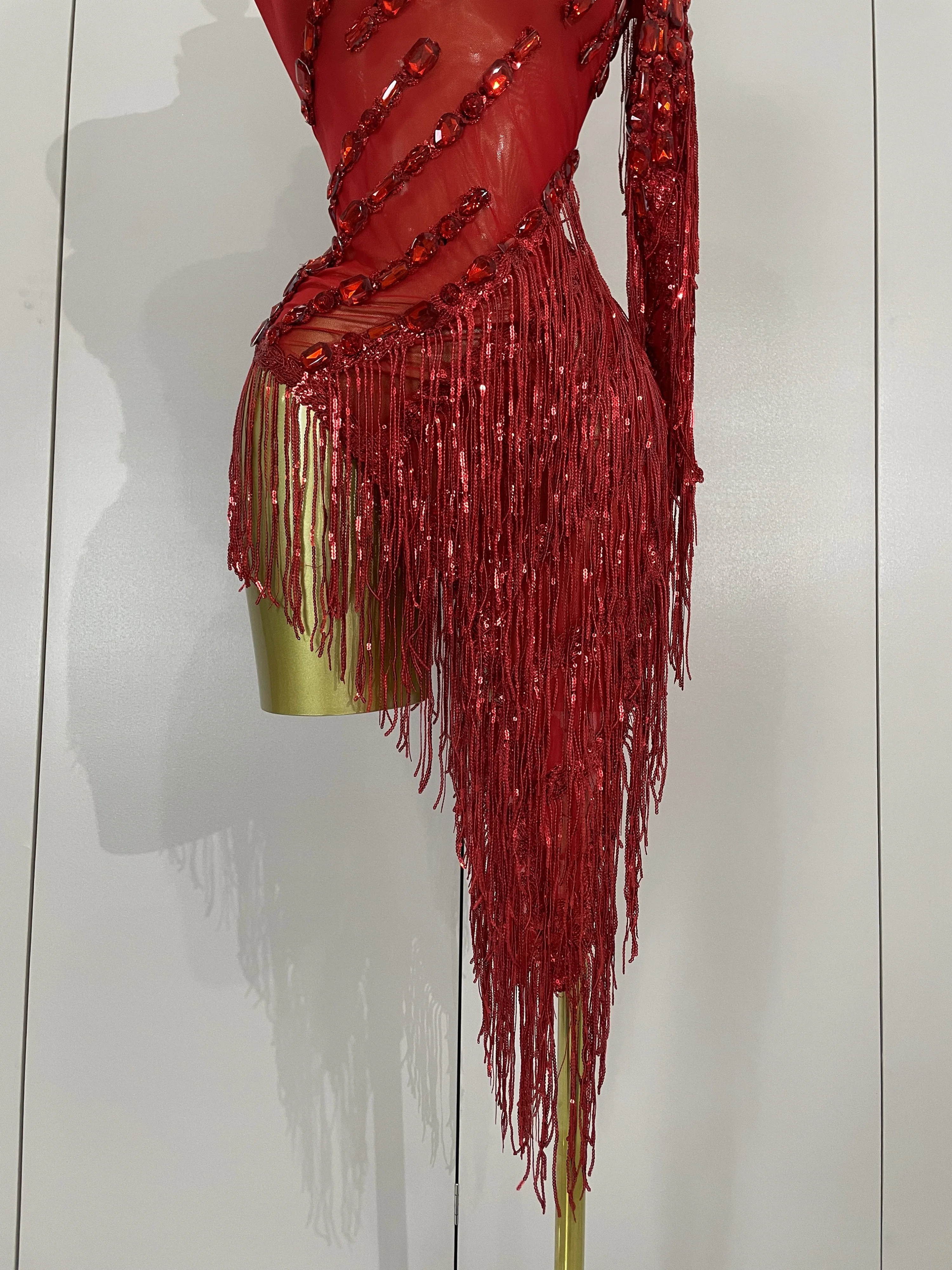 New Stage Costume Sparkly Rhinestones Tassel Sexy See-Through Dress Women One Shoulder Latin Dance Bars Nightclub Party Outfits