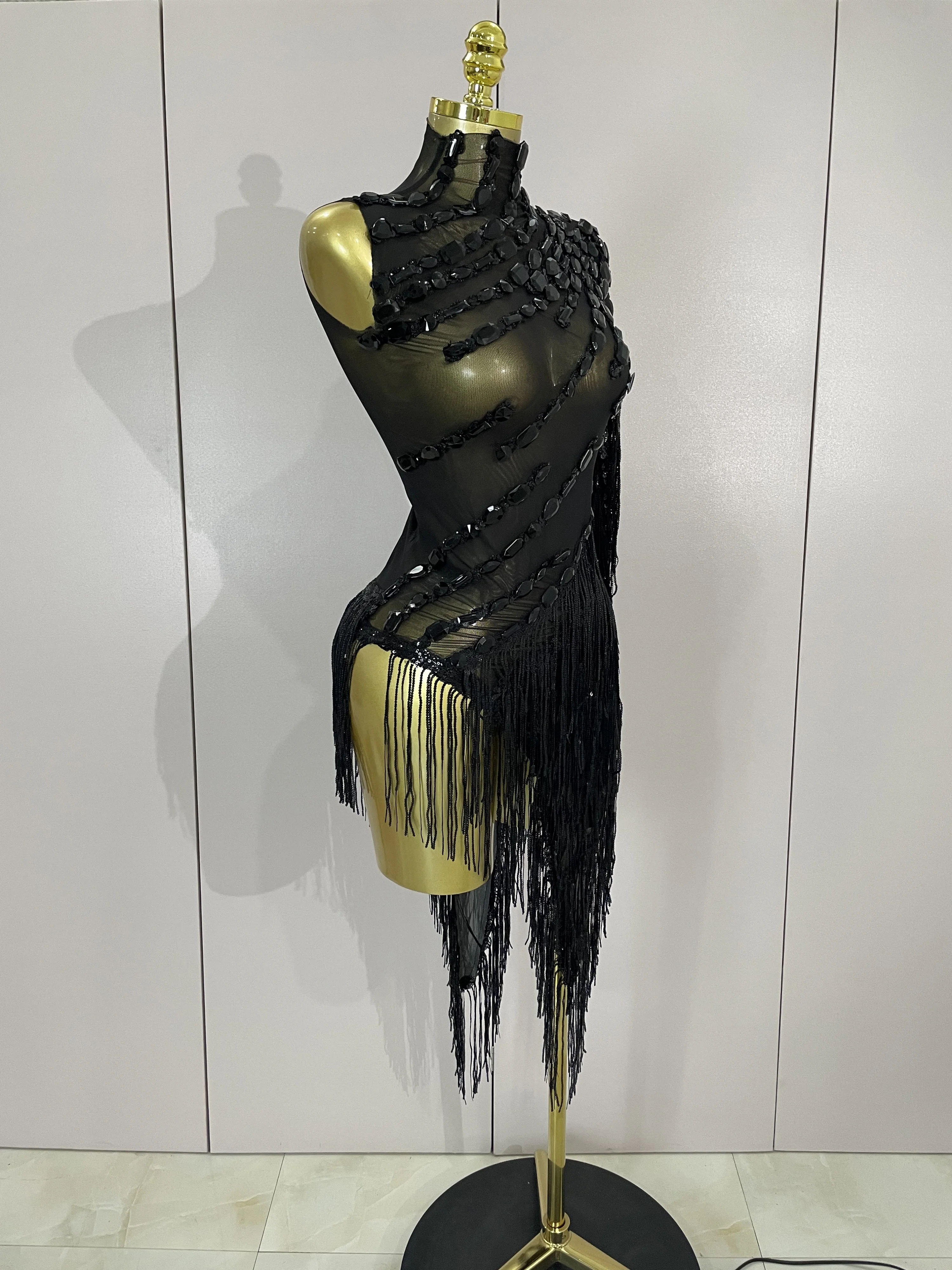 New Stage Costume Sparkly Rhinestones Tassel Sexy See-Through Dress Women One Shoulder Latin Dance Bars Nightclub Party Outfits