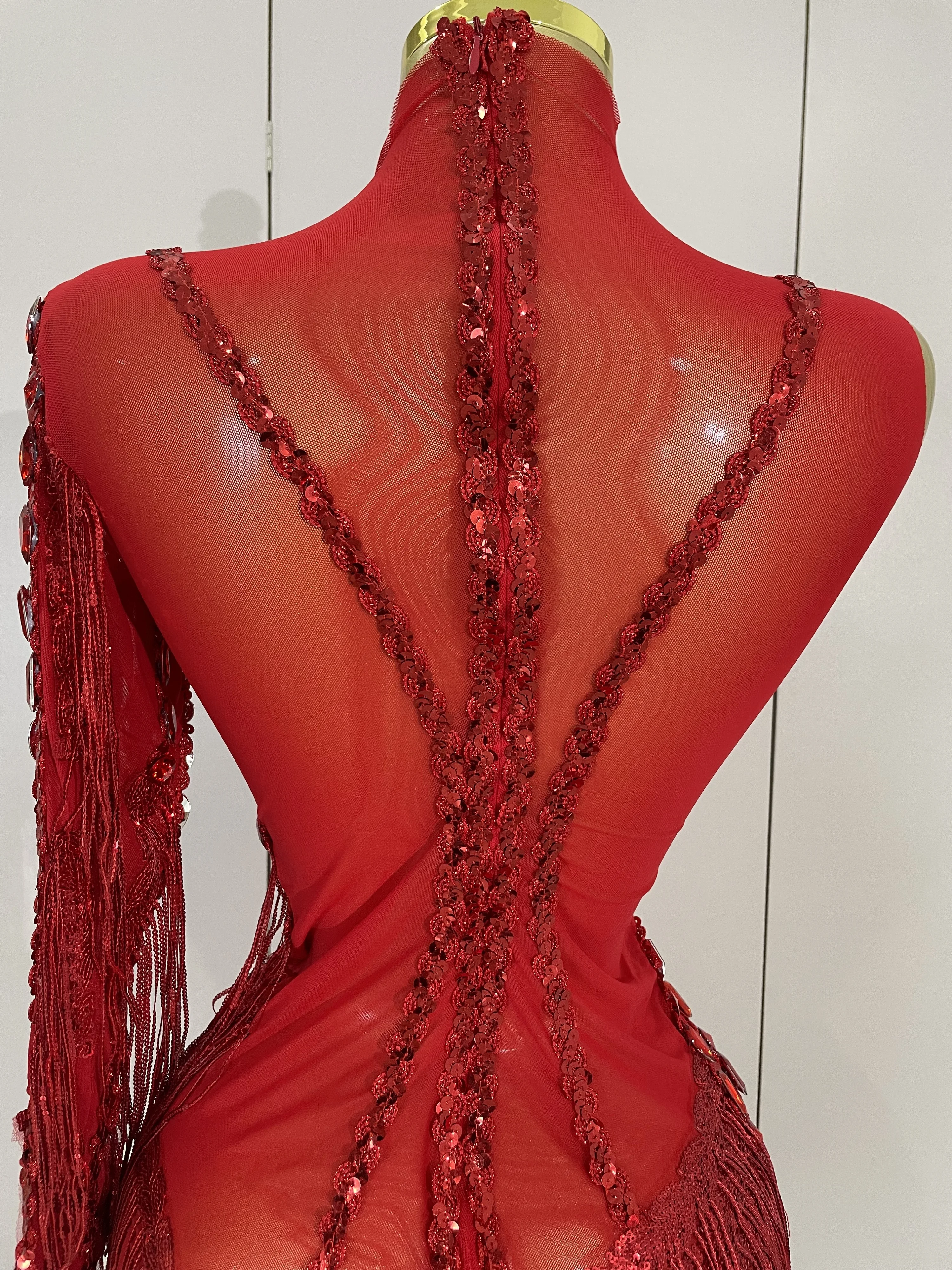 New Stage Costume Sparkly Rhinestones Tassel Sexy See-Through Dress Women One Shoulder Latin Dance Bars Nightclub Party Outfits