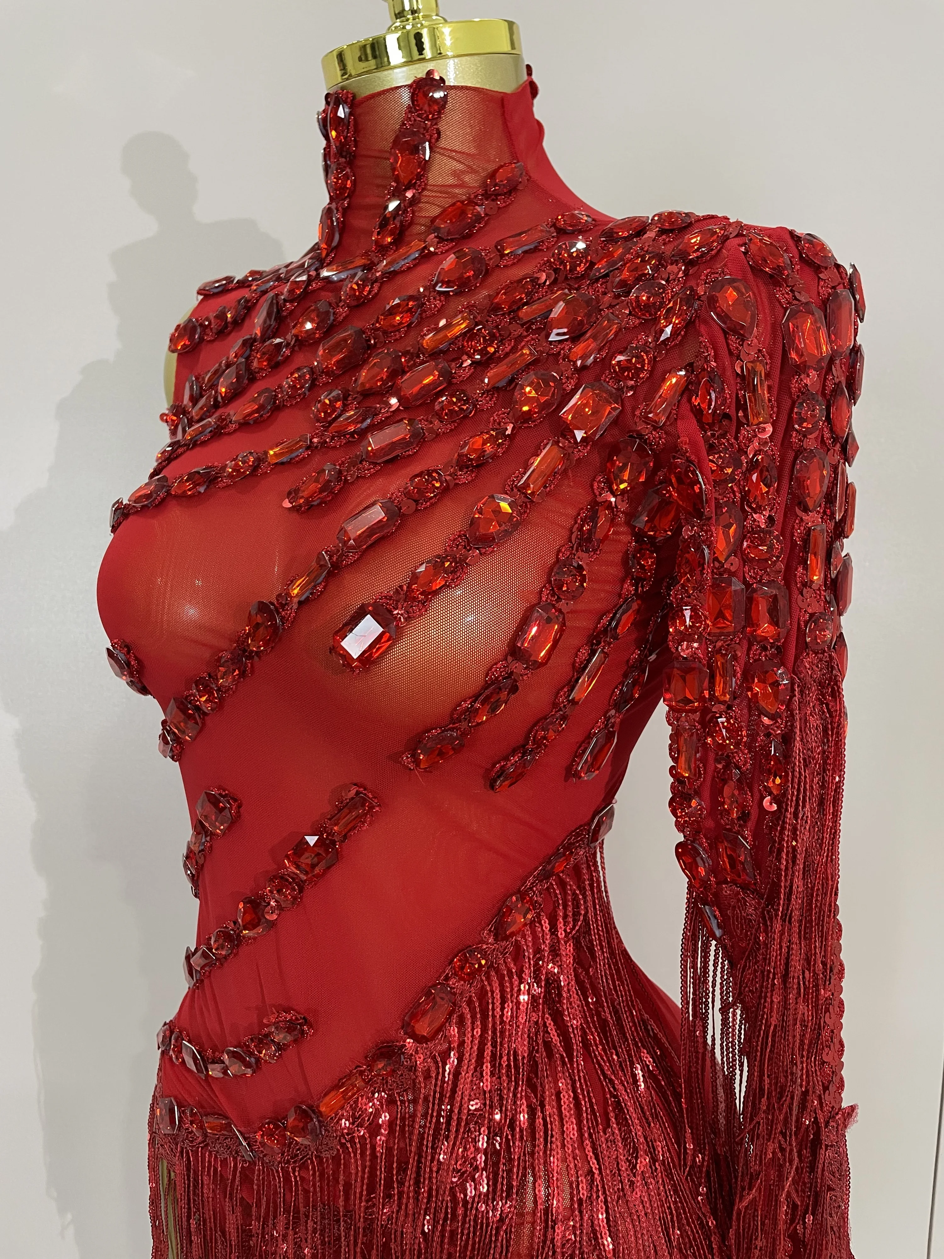 New Stage Costume Sparkly Rhinestones Tassel Sexy See-Through Dress Women One Shoulder Latin Dance Bars Nightclub Party Outfits