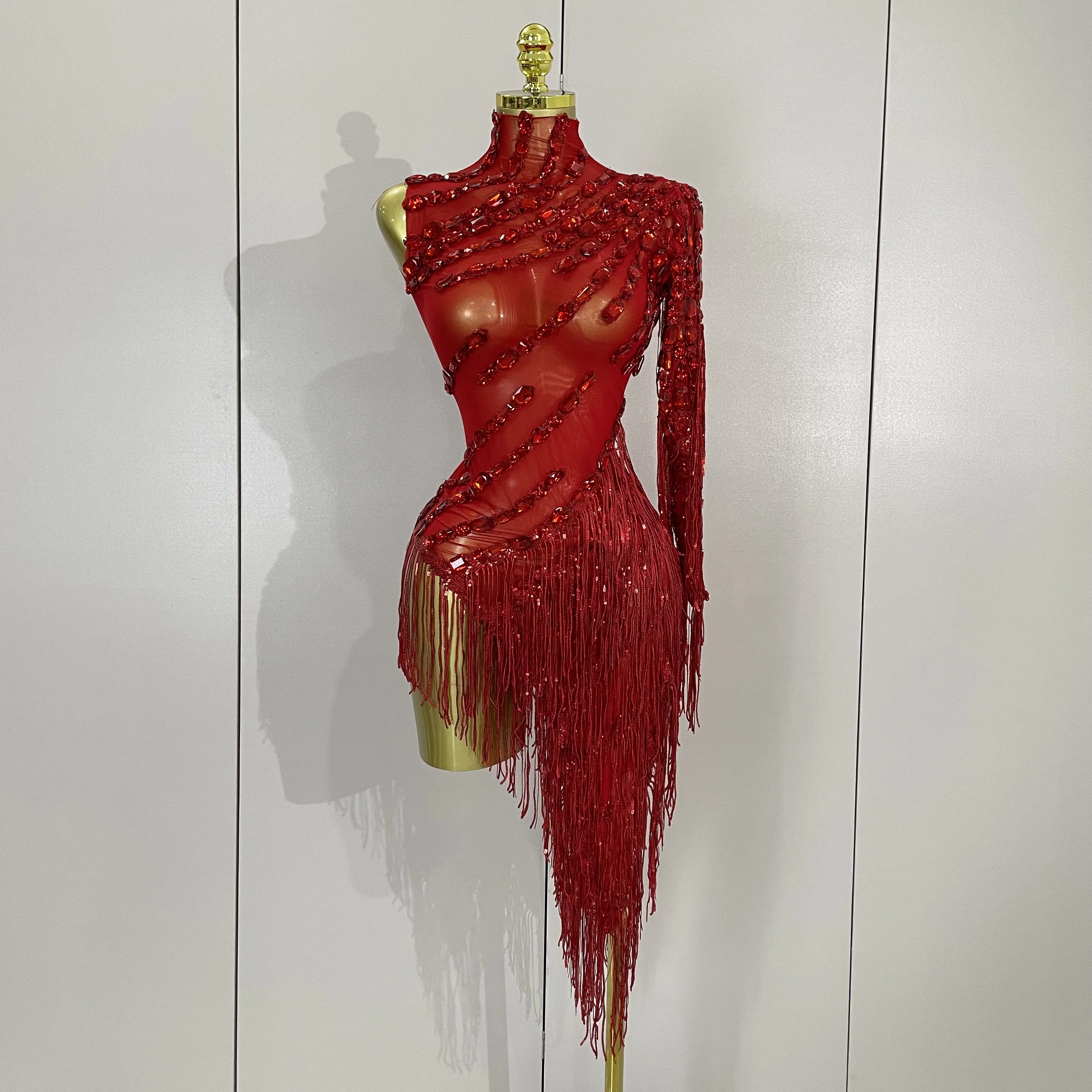 New Stage Costume Sparkly Rhinestones Tassel Sexy See-Through Dress Women One Shoulder Latin Dance Bars Nightclub Party Outfits