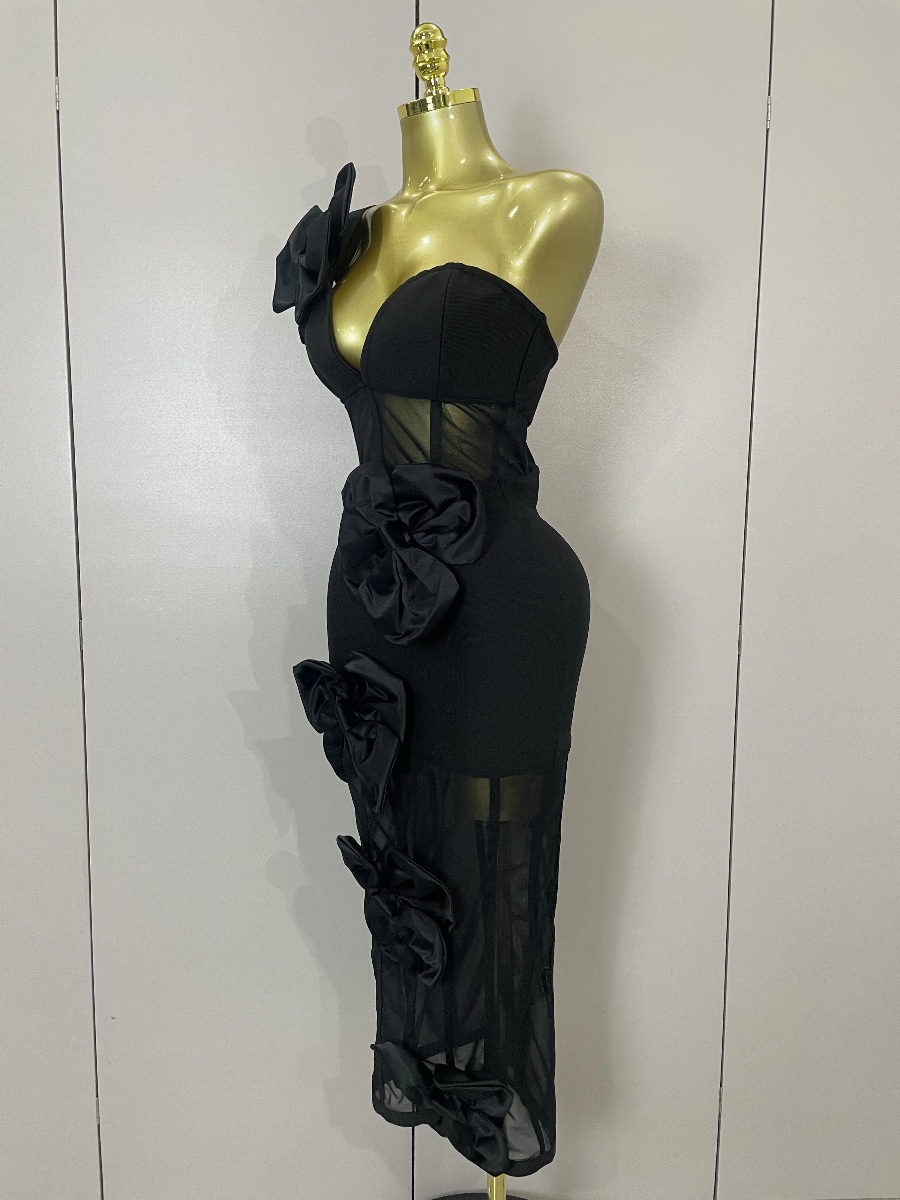 2025 Summer Women Elegant Party Birthday Dresses Sexy One Shoulder Bow Mesh See Through With Gloves Black Bandage Bodycon Dress