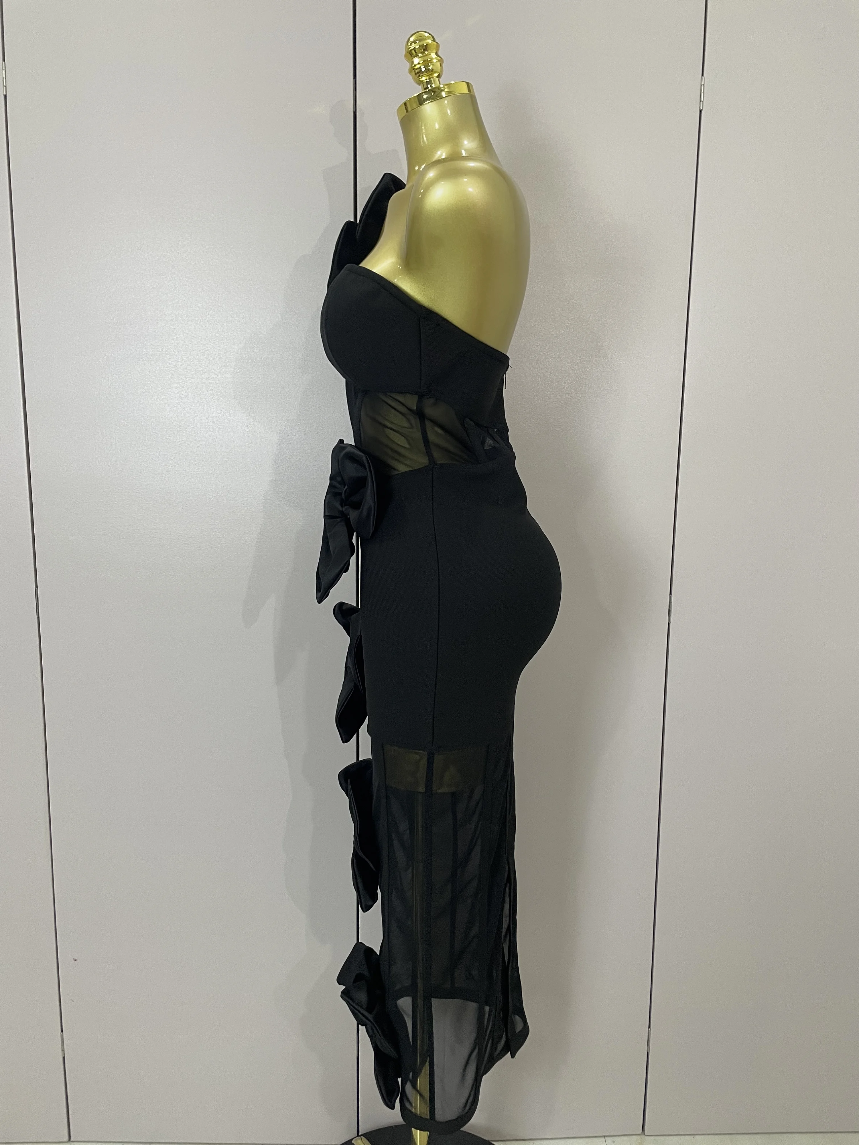 2025 Summer Women Elegant Party Birthday Dresses Sexy One Shoulder Bow Mesh See Through With Gloves Black Bandage Bodycon Dress
