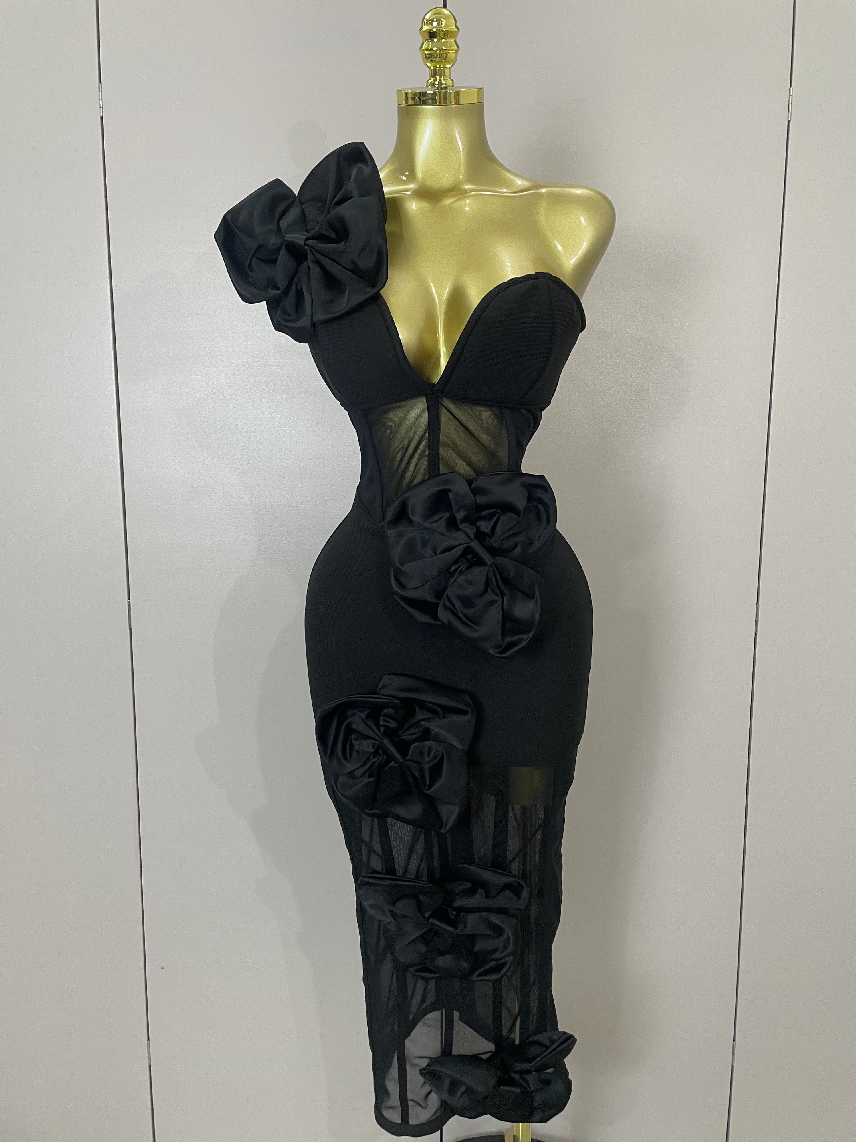 2025 Summer Women Elegant Party Birthday Dresses Sexy One Shoulder Bow Mesh See Through With Gloves Black Bandage Bodycon Dress