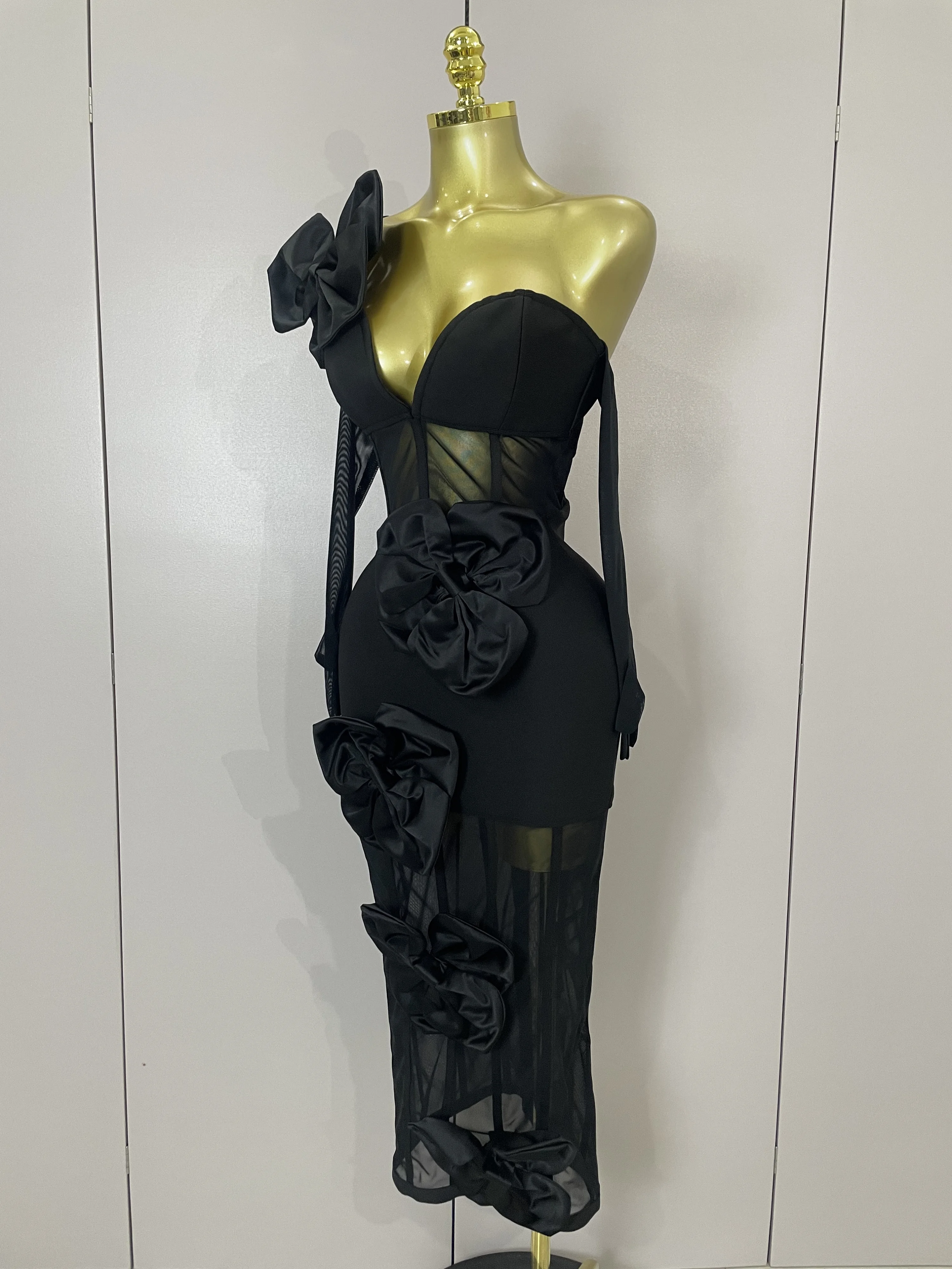 Summer Women Elegant Party Birthday Dresses Sexy One Shoulder Bow Mesh See Through With Gloves Black Bandage Bodycon Dress