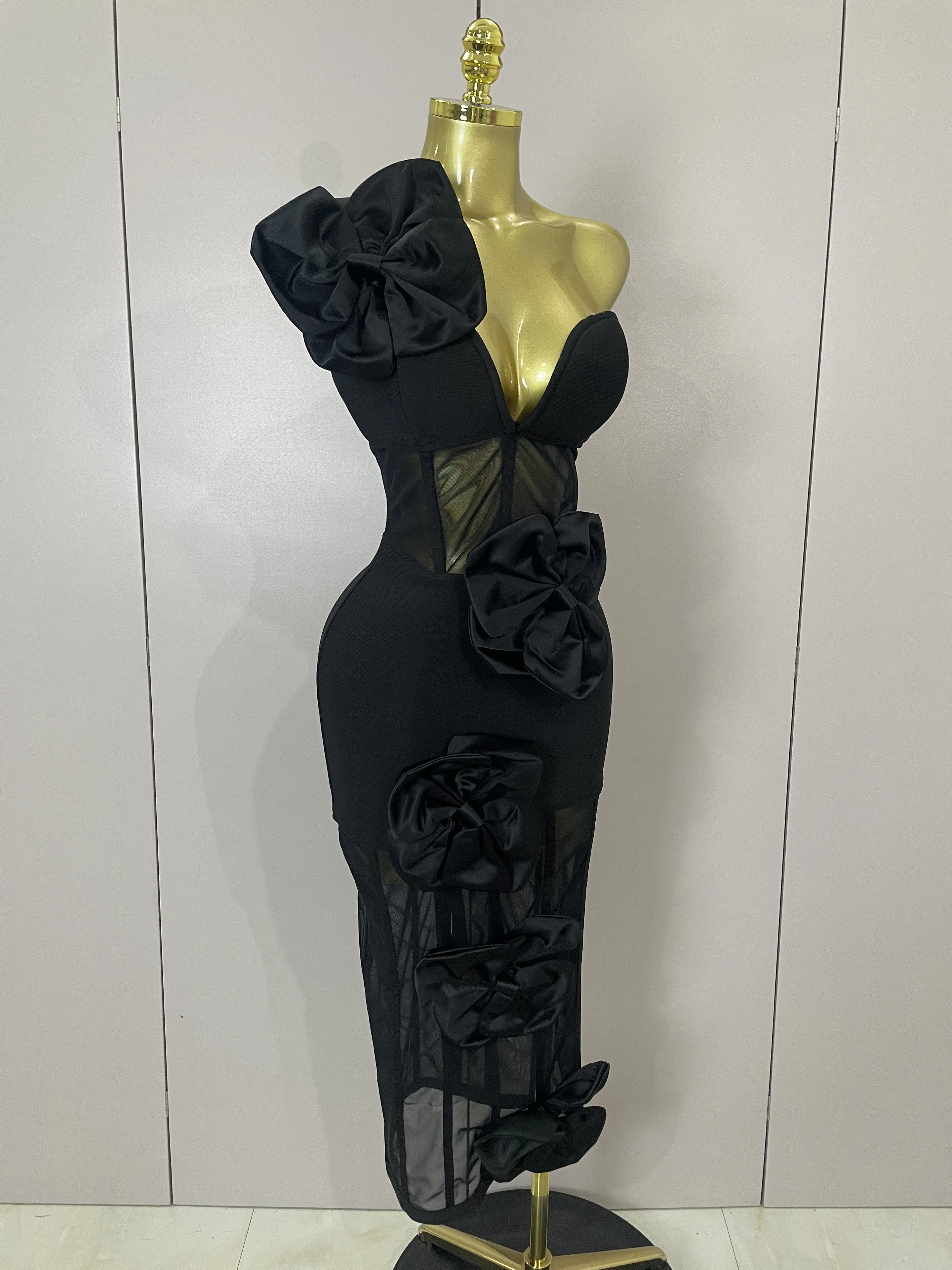 2025 Summer Women Elegant Party Birthday Dresses Sexy One Shoulder Bow Mesh See Through With Gloves Black Bandage Bodycon Dress