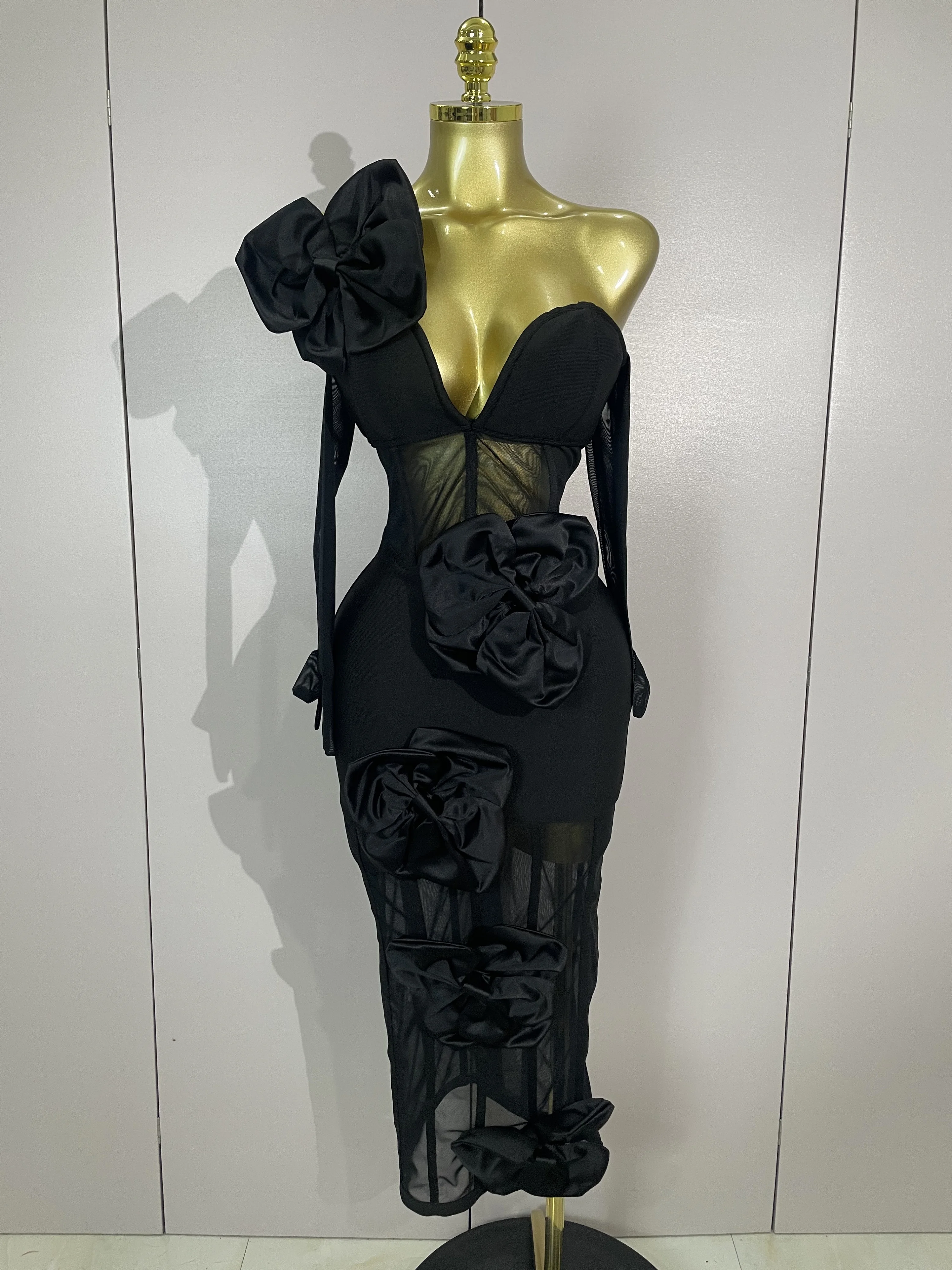 2025 Summer Women Elegant Party Birthday Dresses Sexy One Shoulder Bow Mesh See Through With Gloves Black Bandage Bodycon Dress