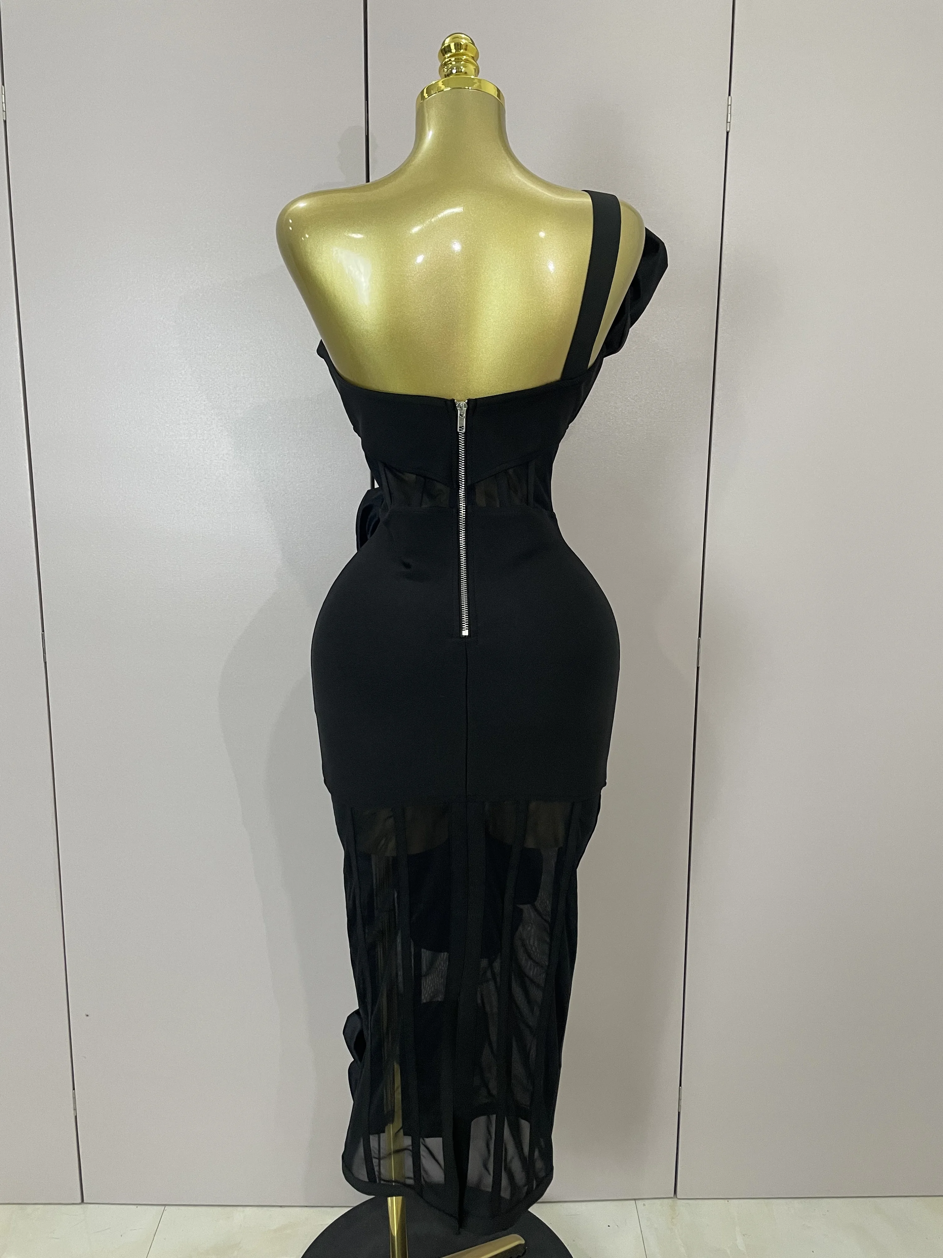 2025 Summer Women Elegant Party Birthday Dresses Sexy One Shoulder Bow Mesh See Through With Gloves Black Bandage Bodycon Dress