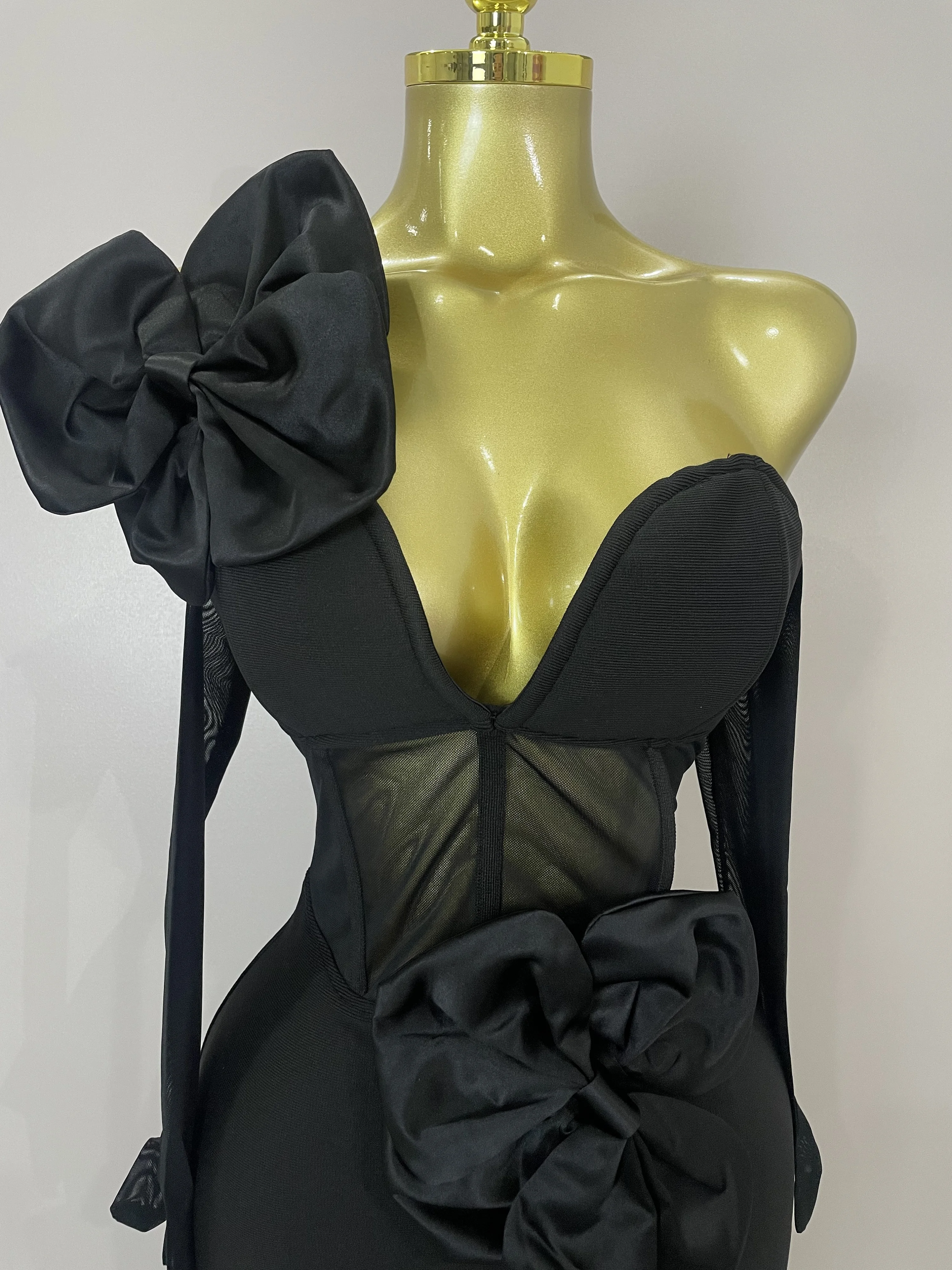 2025 Summer Women Elegant Party Birthday Dresses Sexy One Shoulder Bow Mesh See Through With Gloves Black Bandage Bodycon Dress