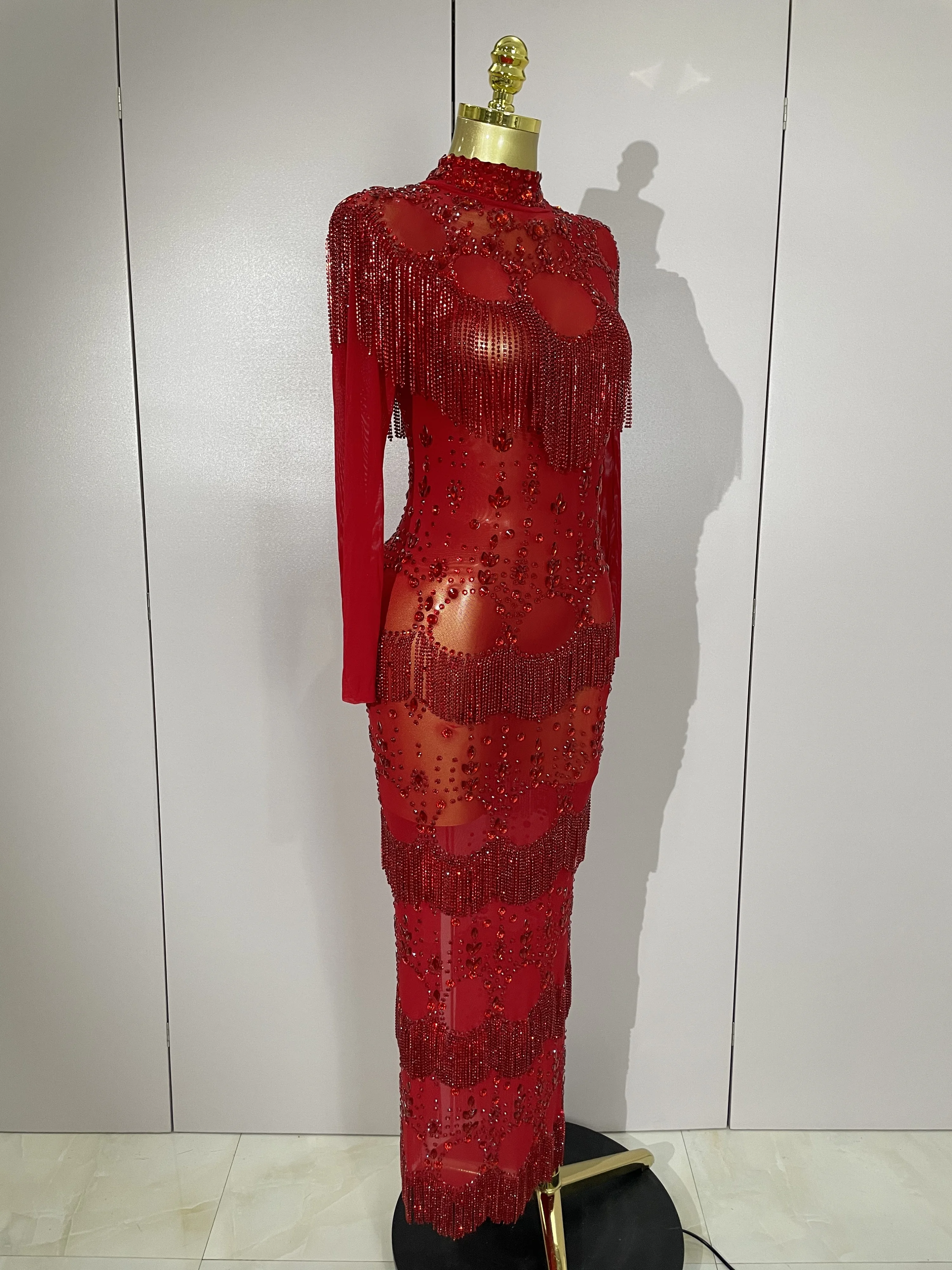 Stock Sparkle Red Rhinestones Tassel Chain Sexy Mesh Long Dress 2025 Women Evening Luxury Birthday Party Nightclub Stage Costume