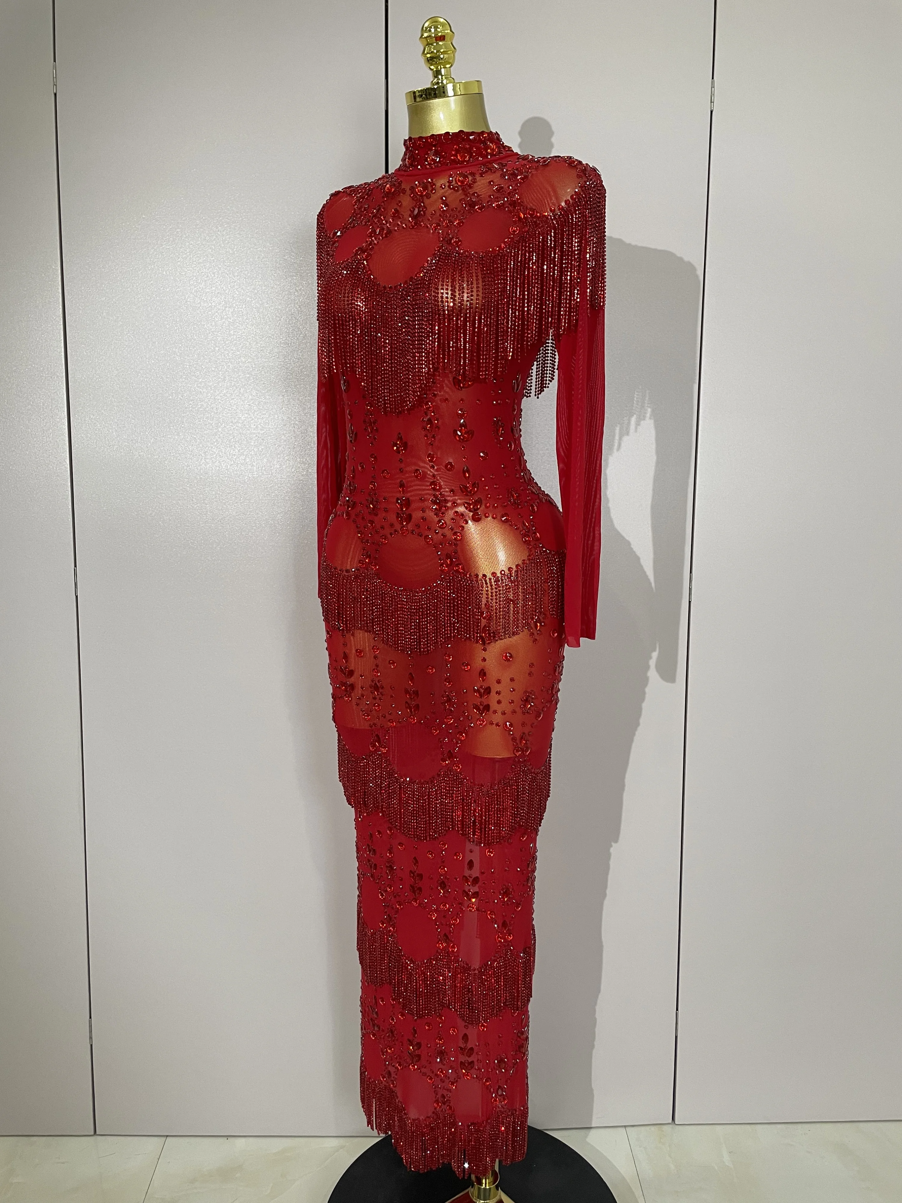 Stock Sparkle Red Rhinestones Tassel Chain Sexy Mesh Long Dress 2025 Women Evening Luxury Birthday Party Nightclub Stage Costume