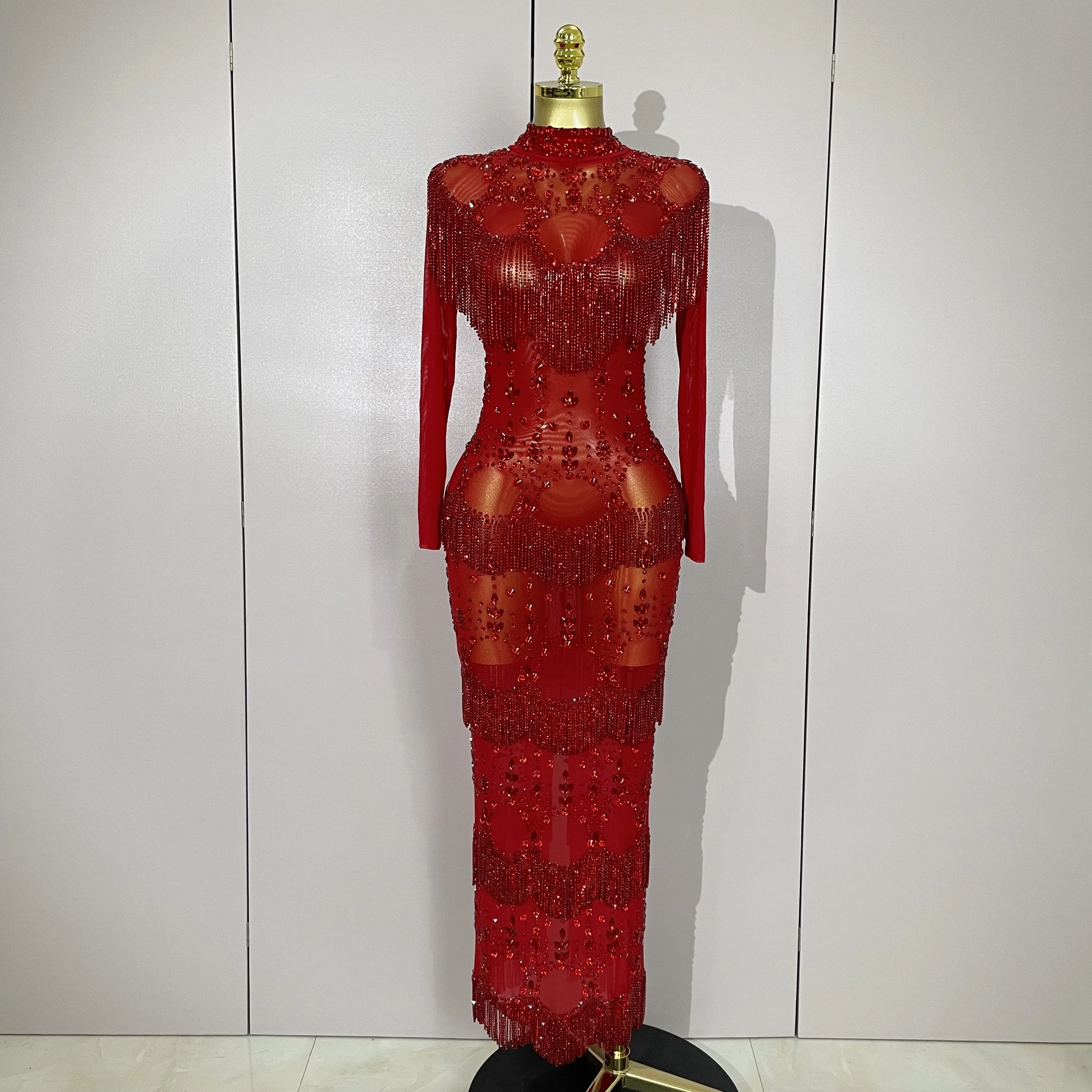 Stock Sparkle Red Rhinestones Tassel Chain Sexy Mesh Long Dress 2025 Women Evening Luxury Birthday Party Nightclub Stage Costume