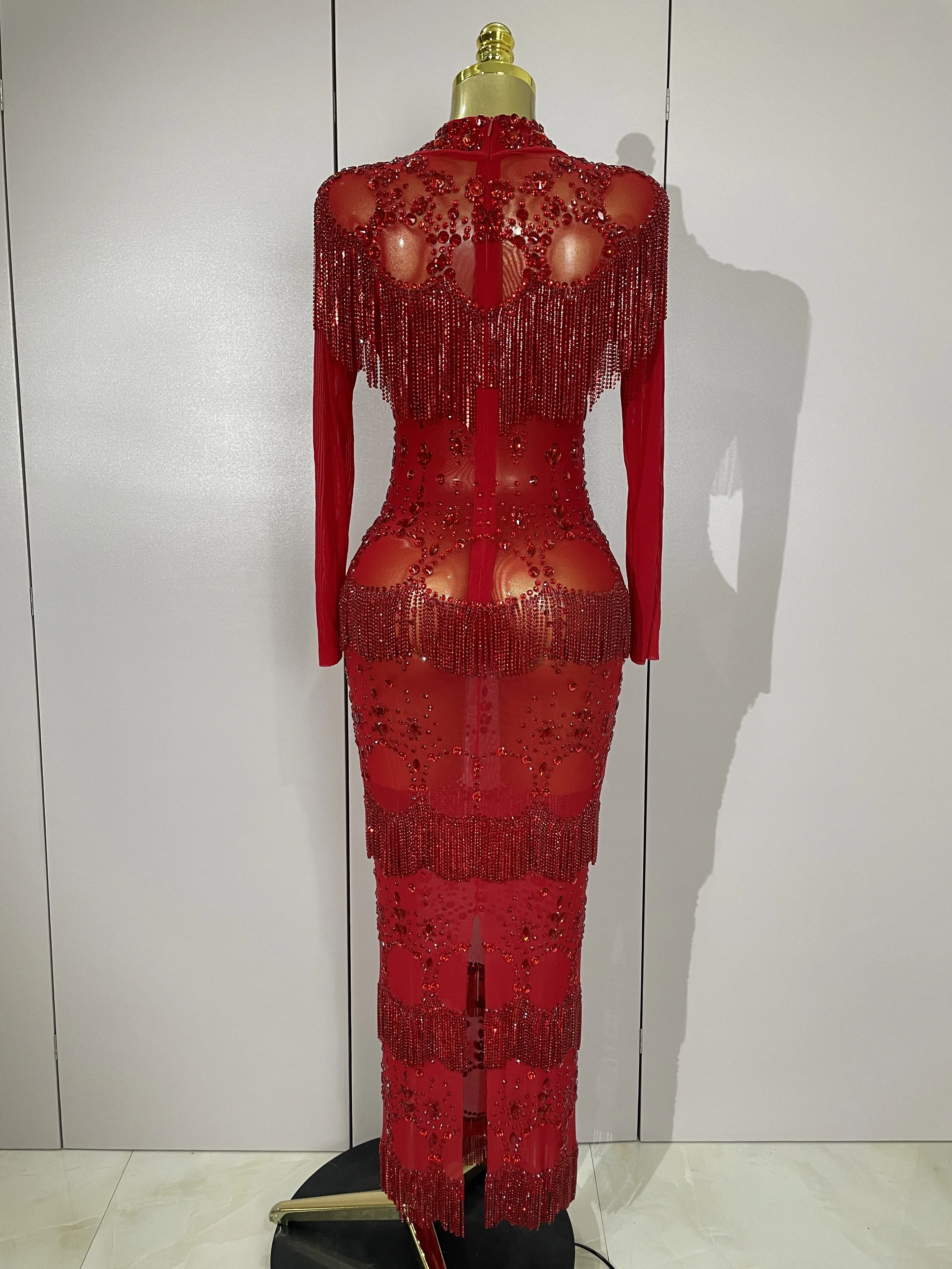 Stock Sparkle Red Rhinestones Tassel Chain Sexy Mesh Long Dress 2025 Women Evening Luxury Birthday Party Nightclub Stage Costume