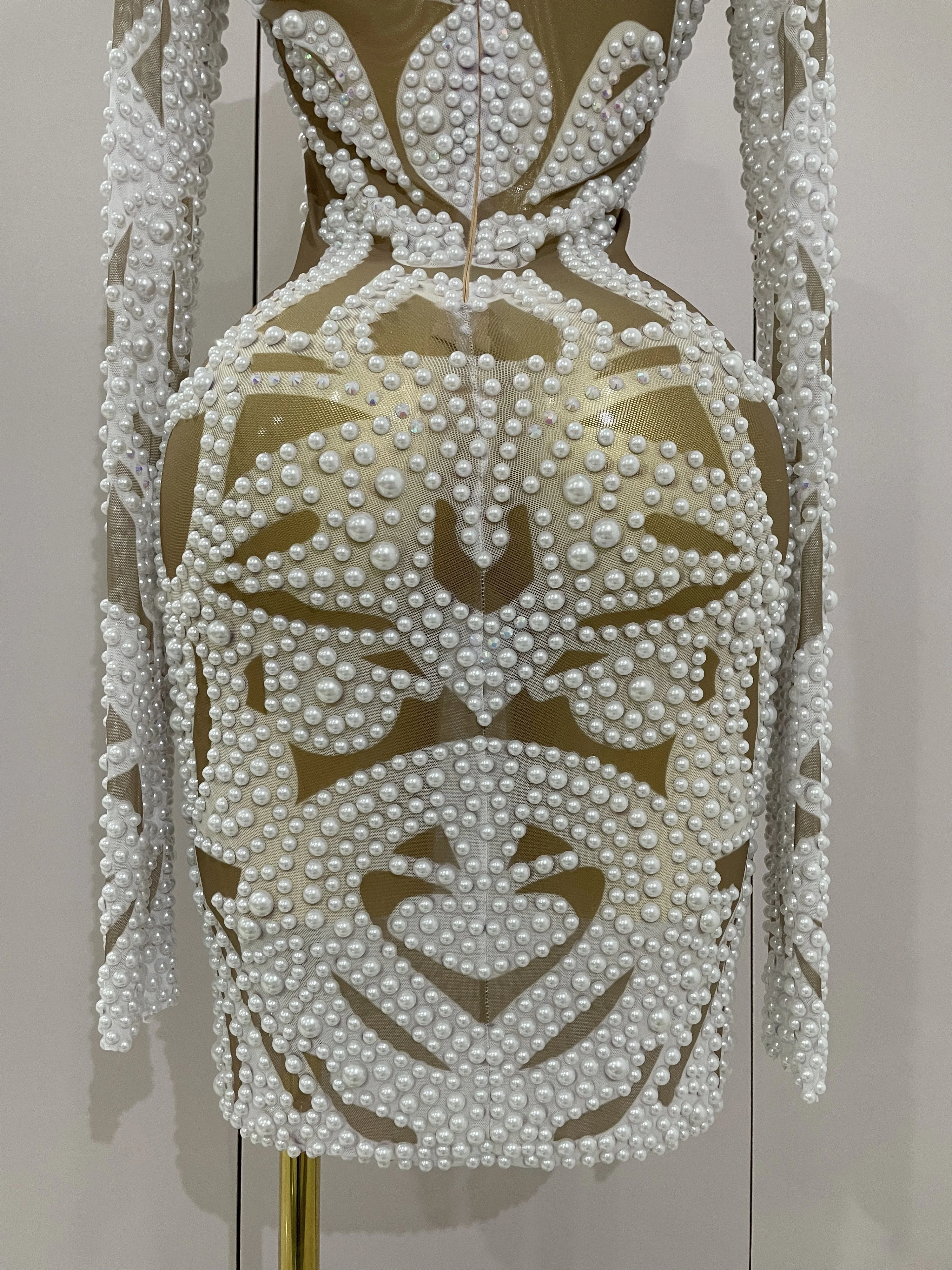 2025 New High-end Elegant Evening Gown AB Rhinestones Pearls Luxury Long Sleeves Mesh Dress Women Cocktail party Wedding Costume