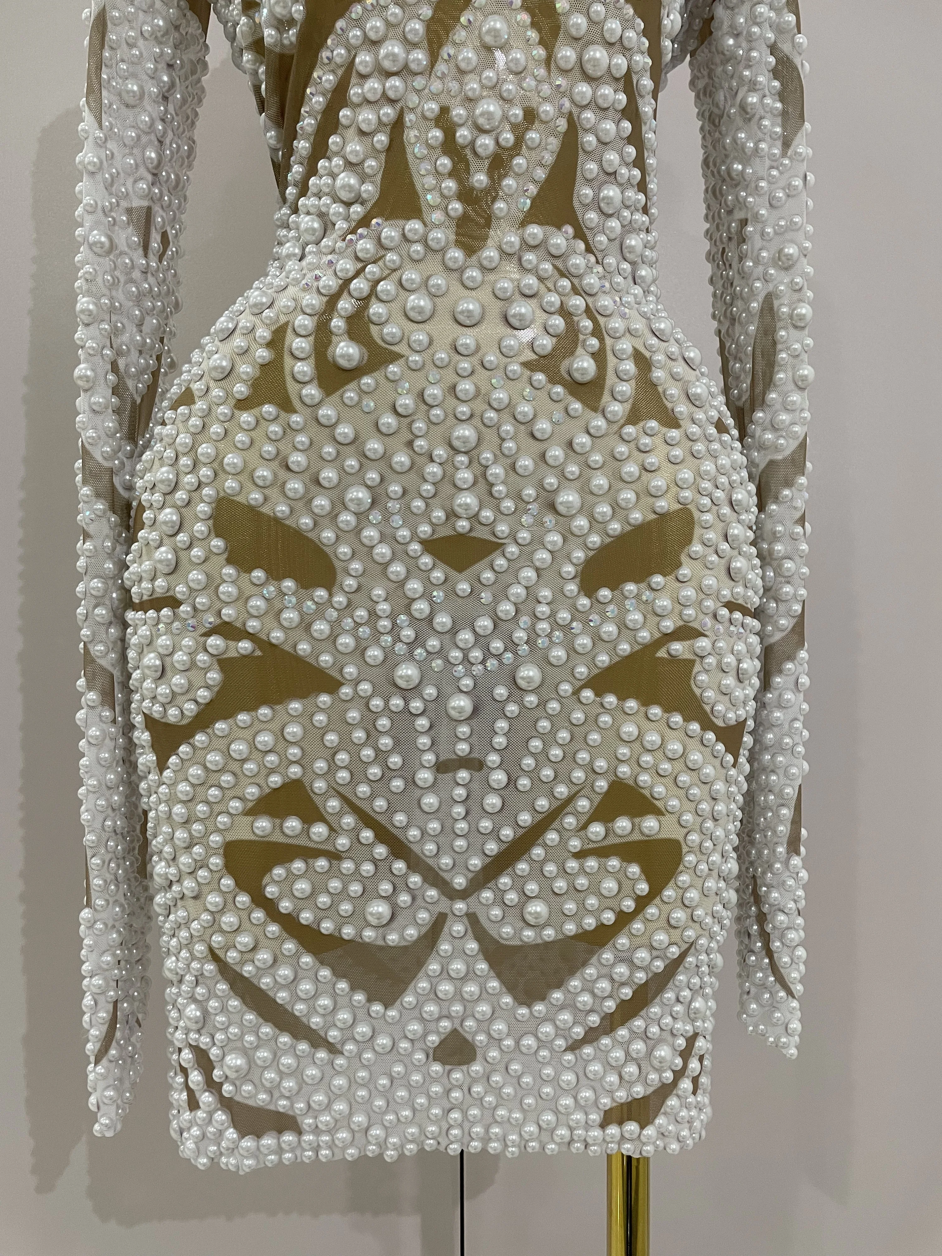 2025 New High-end Elegant Evening Gown AB Rhinestones Pearls Luxury Long Sleeves Mesh Dress Women Cocktail party Wedding Costume