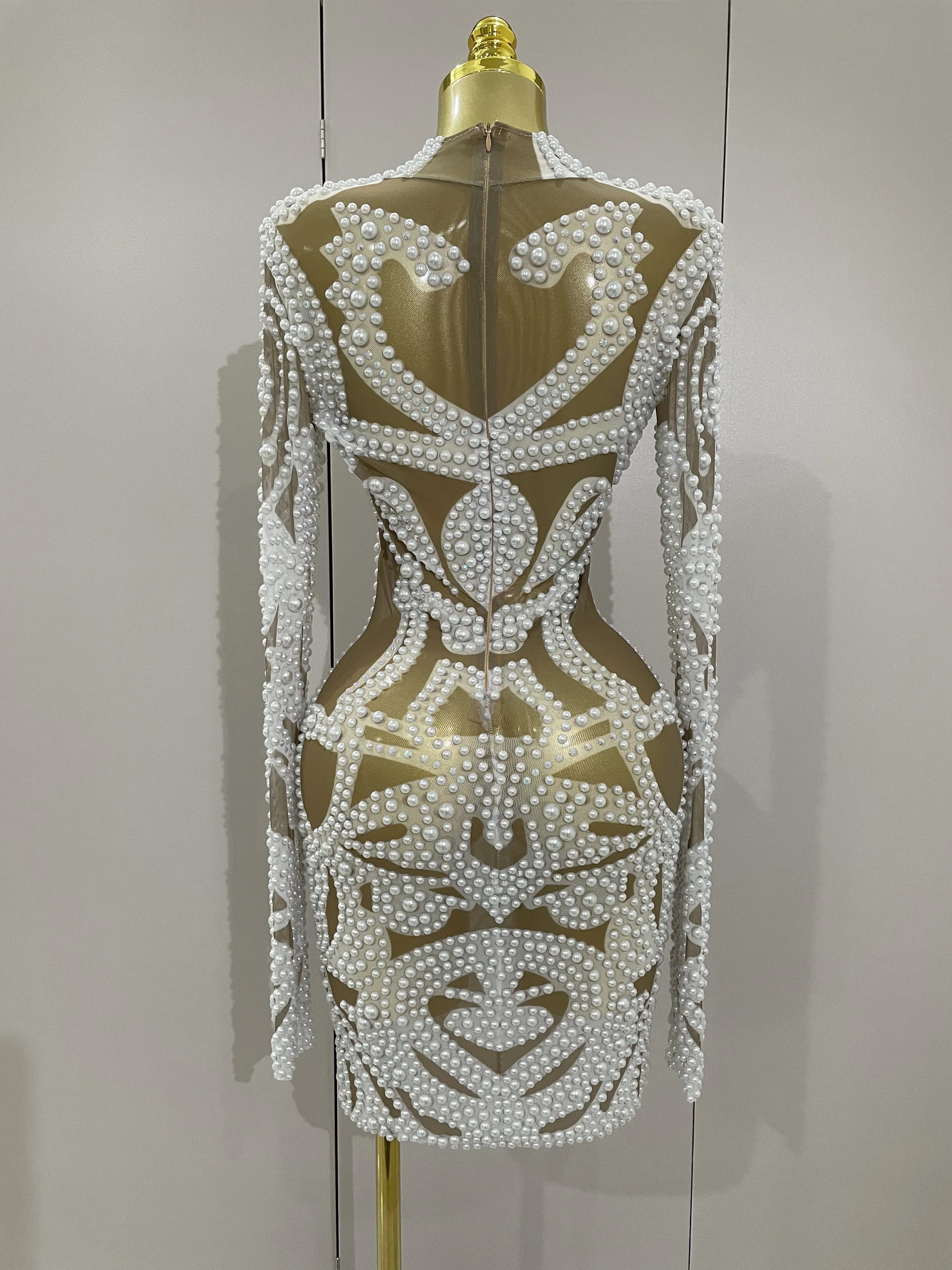 2025 New High-end Elegant Evening Gown AB Rhinestones Pearls Luxury Long Sleeves Mesh Dress Women Cocktail party Wedding Costume