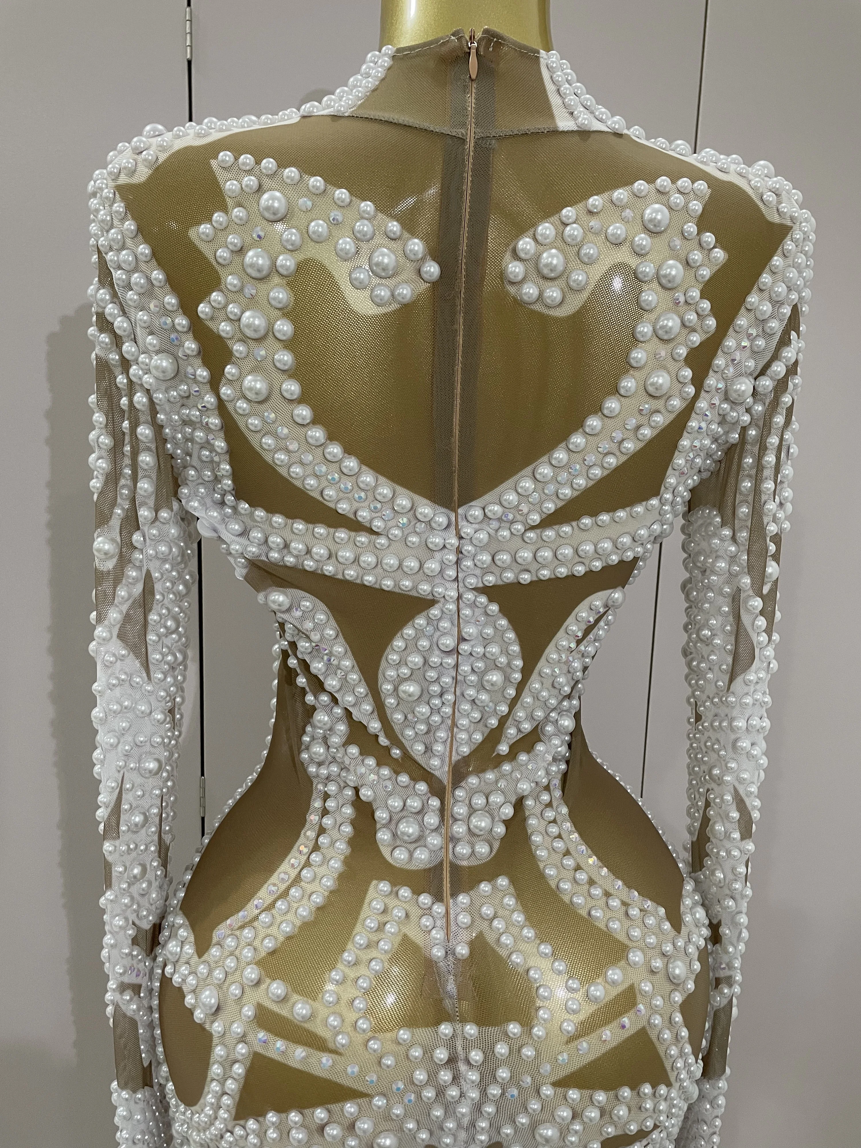 2025 New High-end Elegant Evening Gown AB Rhinestones Pearls Luxury Long Sleeves Mesh Dress Women Cocktail party Wedding Costume