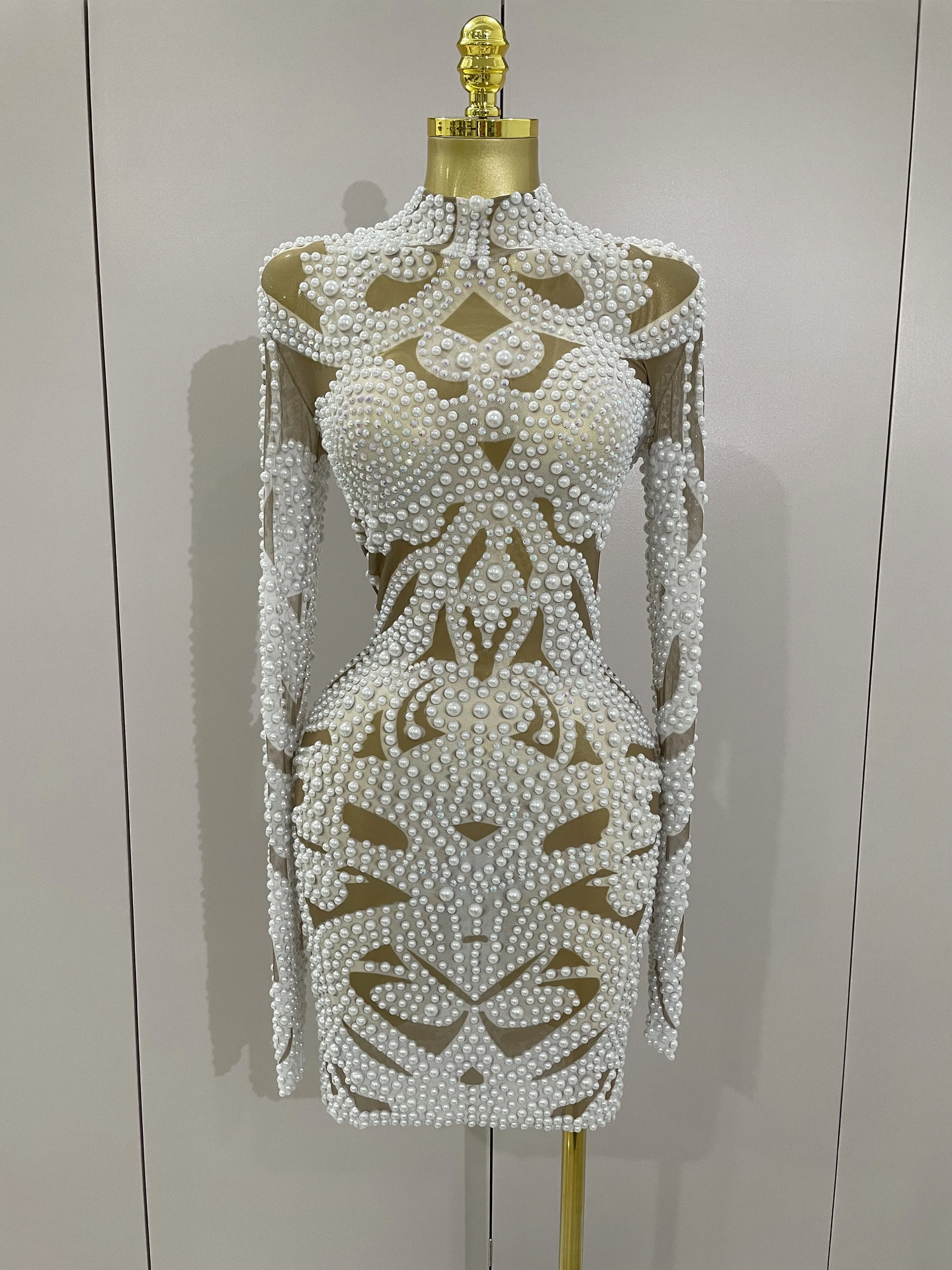 High-end Elegant Evening Gown AB Rhinestones Pearls Luxury Long Sleeves Mesh Dress