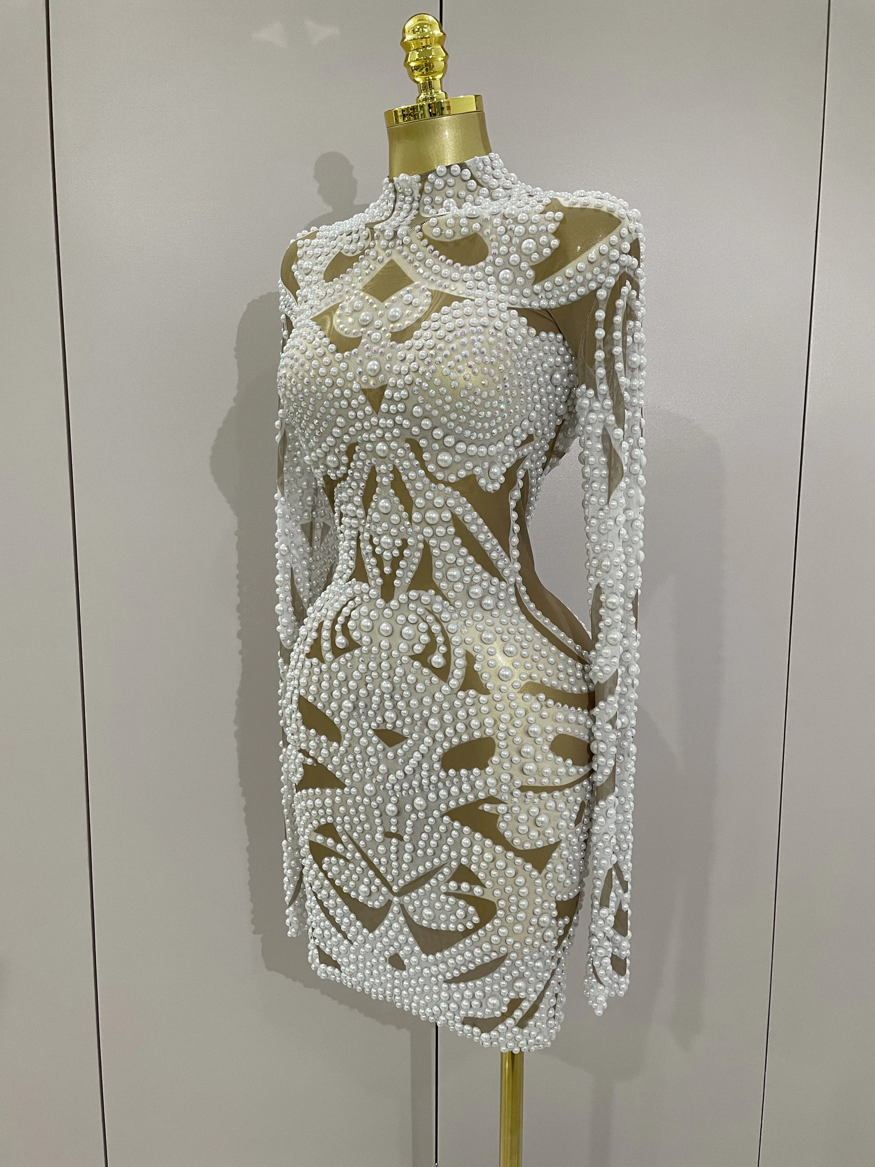 2025 New High-end Elegant Evening Gown AB Rhinestones Pearls Luxury Long Sleeves Mesh Dress Women Cocktail party Wedding Costume