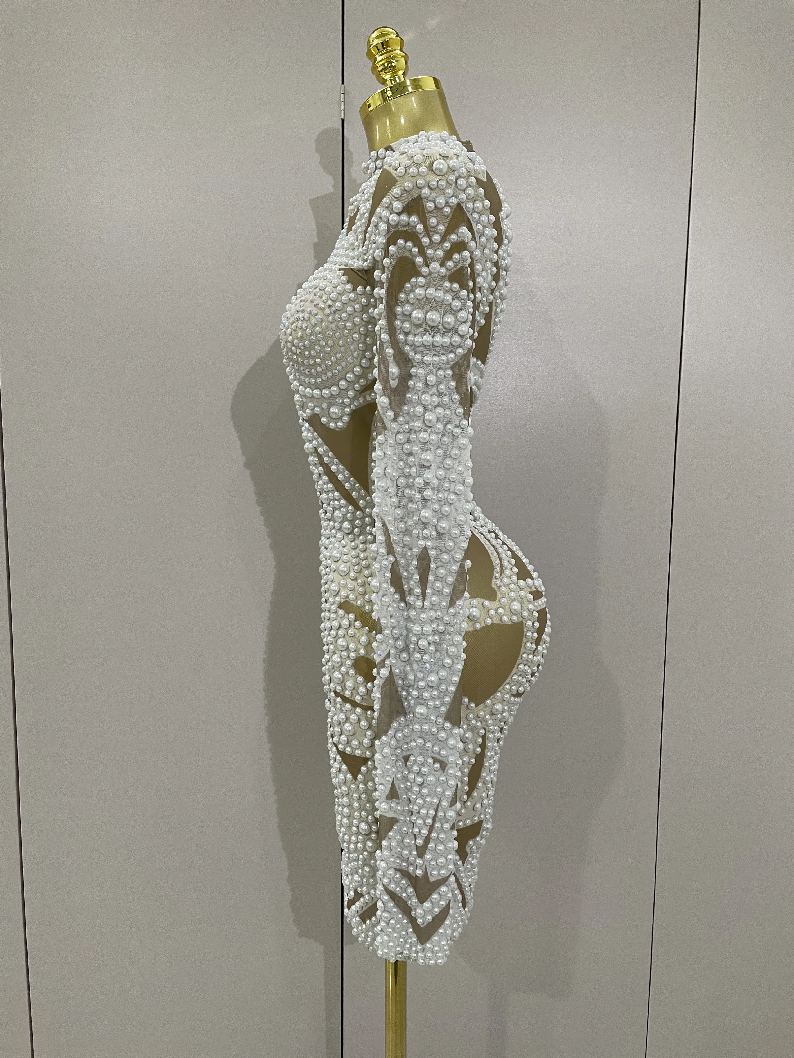 2025 New High-end Elegant Evening Gown AB Rhinestones Pearls Luxury Long Sleeves Mesh Dress Women Cocktail party Wedding Costume