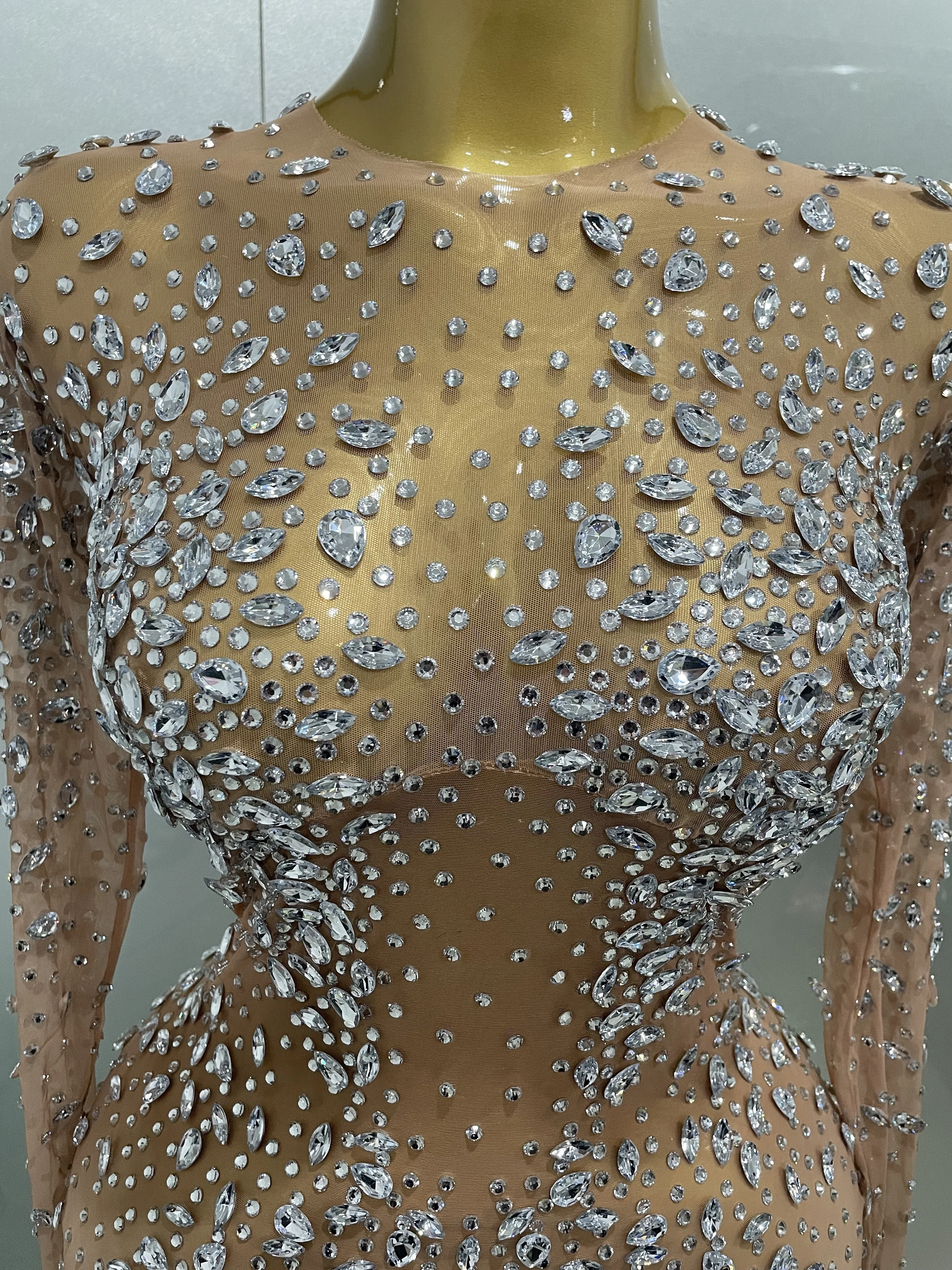 Sexy Shinny Rhinestone Stretch Mesh Transparent Long Dress 2025New Women Evening Birthday Party Prom Nightclub Singer Stage Wear Sexy Shinny Rhinestone Stretch Mesh Transparent Long Dress 2025New Women Evening Birthday Party Prom Nightclub Singer Stage Wear