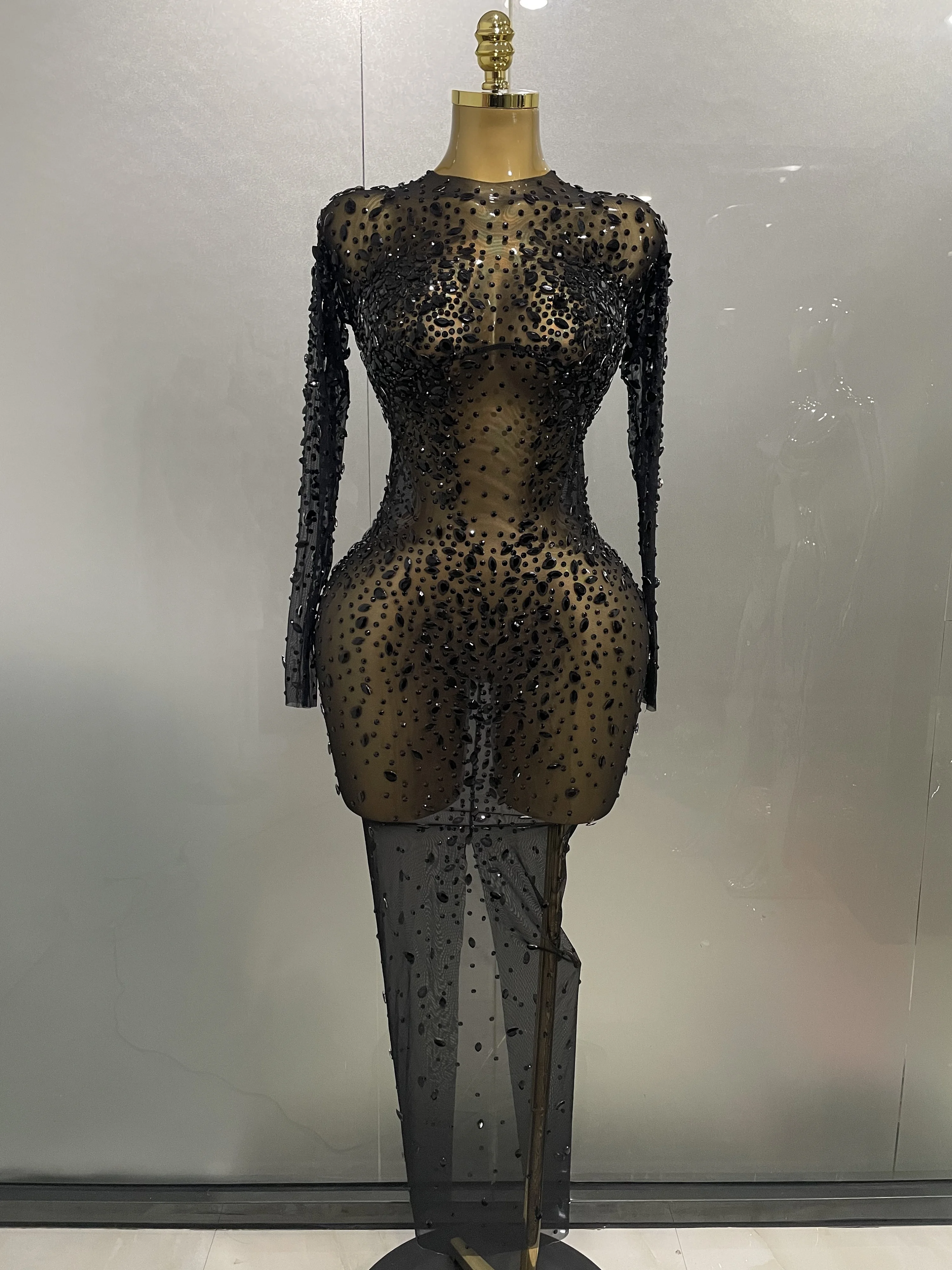 Sexy Shinny Rhinestone Stretch Mesh Transparent Long Dress 2025New Women Evening Birthday Party Prom Nightclub Singer Stage Wear Sexy Shinny Rhinestone Stretch Mesh Transparent Long Dress 2025New Women Evening Birthday Party Prom Nightclub Singer Stage Wear