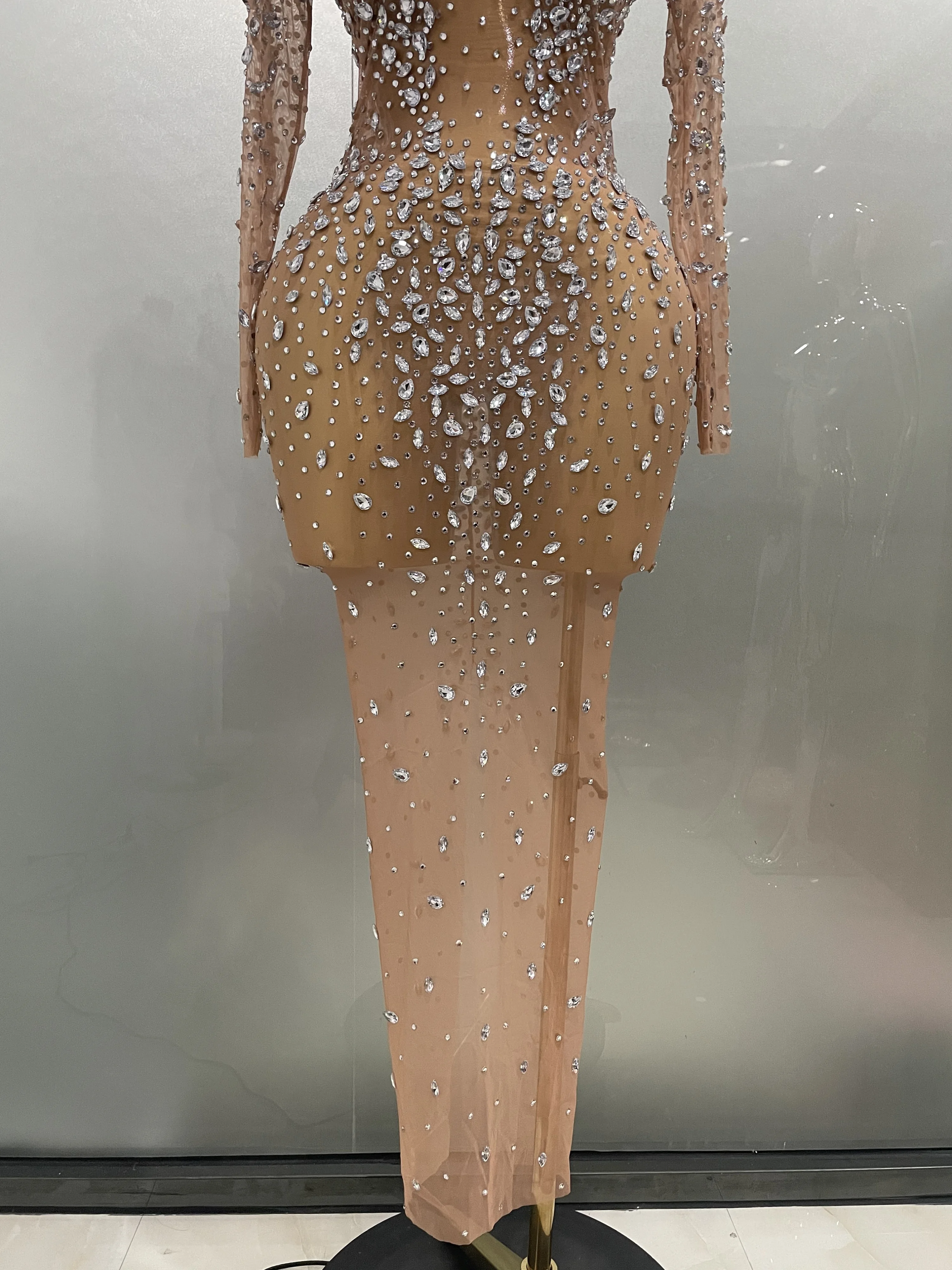 Sexy Shinny Rhinestone Stretch Mesh Transparent Long Dress 2025New Women Evening Birthday Party Prom Nightclub Singer Stage Wear Sexy Shinny Rhinestone Stretch Mesh Transparent Long Dress 2025New Women Evening Birthday Party Prom Nightclub Singer Stage Wear