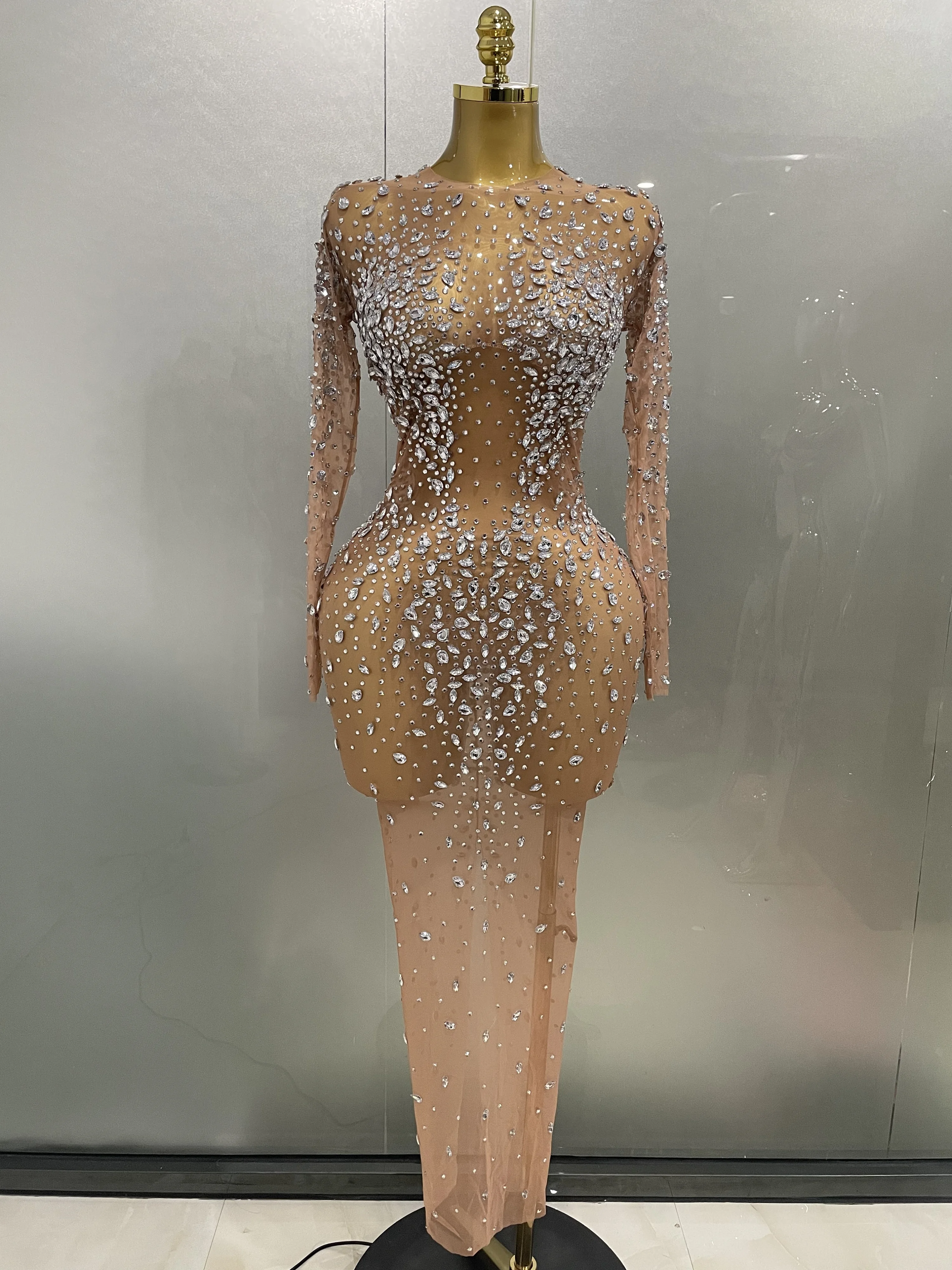 Sexy Shinny Rhinestone Stretch Mesh Transparent Long Dress 2025New Women Evening Birthday Party Prom Nightclub Singer Stage Wear Sexy Shinny Rhinestone Stretch Mesh Transparent Long Dress 2025New Women Evening Birthday Party Prom Nightclub Singer Stage Wear